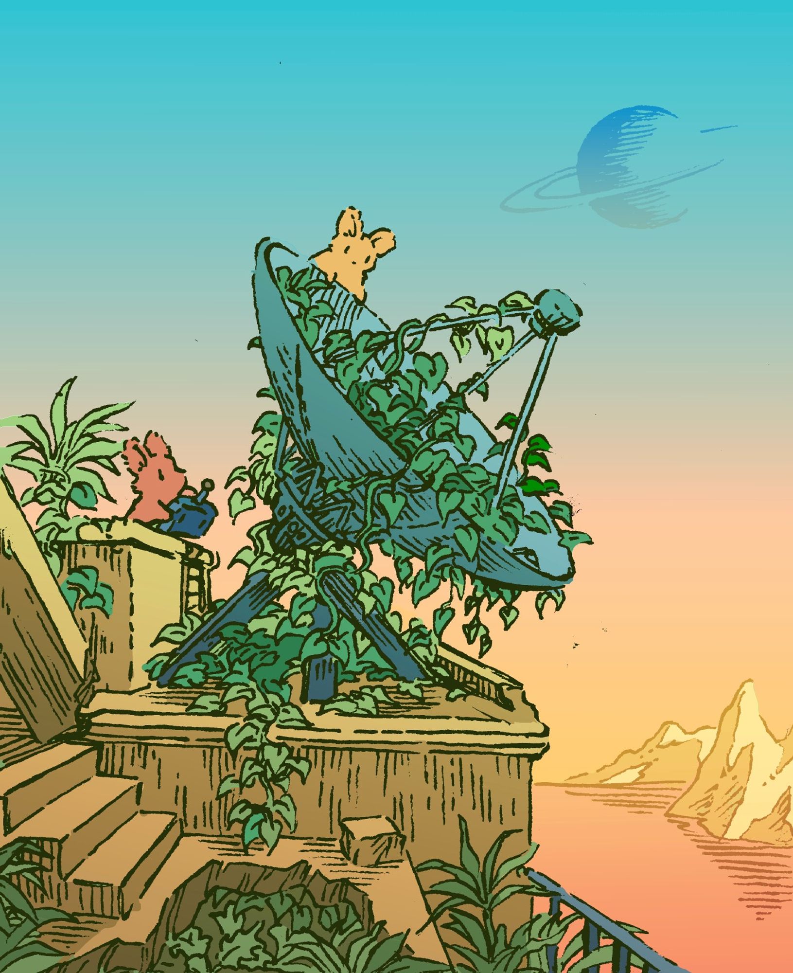 Two bunnies investigate a large satellite dish, covered in ivy. One holds a remote control. They are in the ruins of a mysterious building, with other plants growing from it. An orange sky and a distant ringed planet let us know that this is an alien planet.