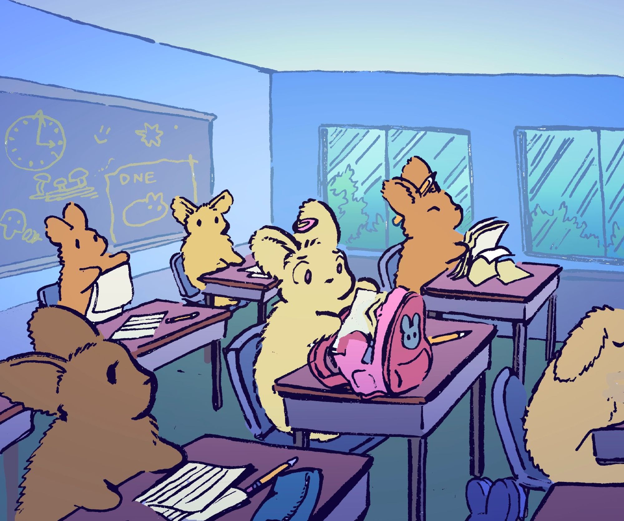 In a classroom, small bunnies are all getting stacks of papers from their desks. One bunny with worriedly rifles through a pink backpack, which also has a blue bunny symbol on the front of it. The papers are loose in the backpack; very disorganized!