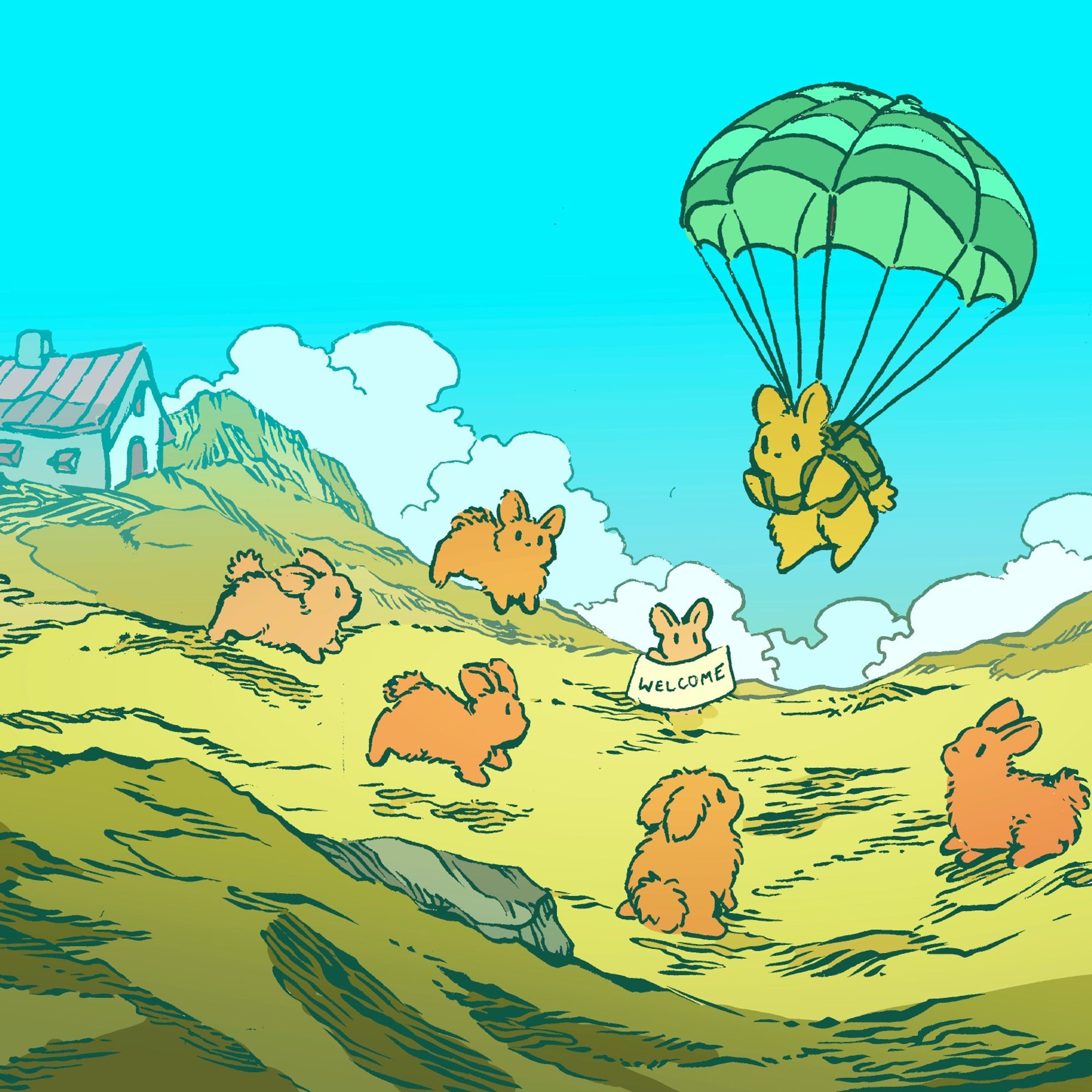 A bunny floats down from the sky, with an unfurled green parachute, in a rocky, remote countryside. Other bunnies run up to greet him, excitedly. one has a sign saying "Welcome." The parachute bunny waves back at them. There is a single hut in the distance.