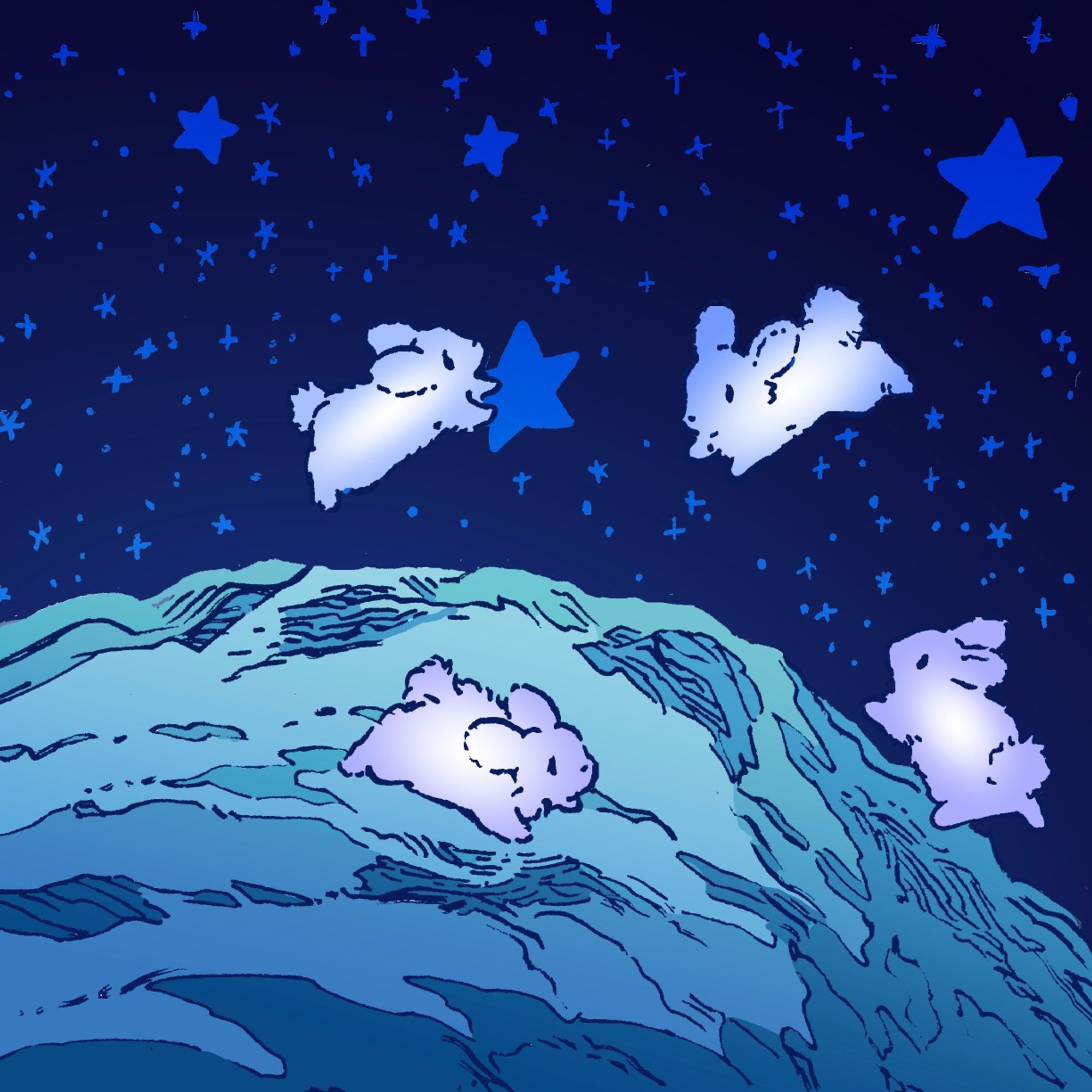 four glowing white bunnies float about the cosmos around a rocky asteroid. One of them holds a blue five-pointed star.