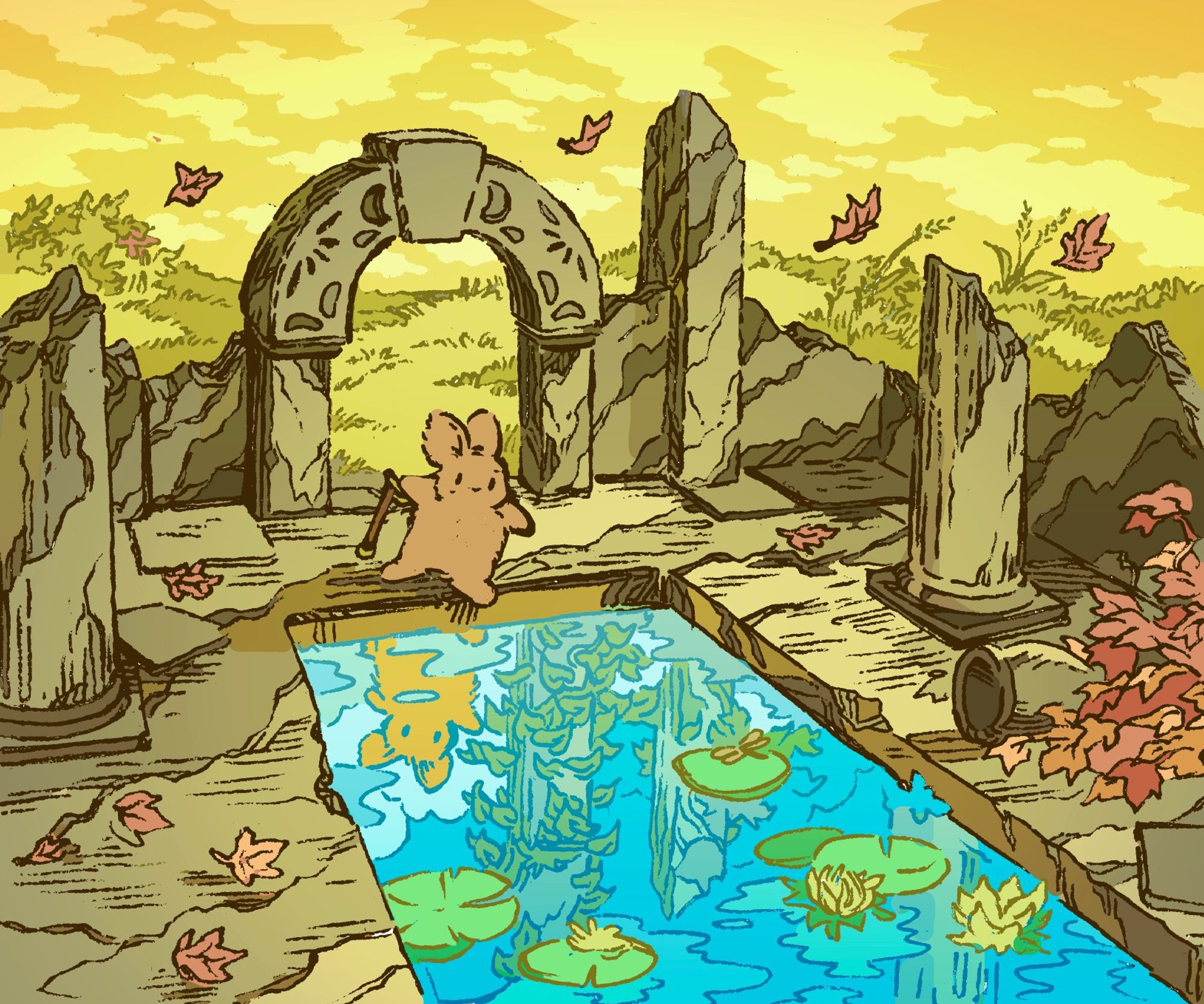 An old bunny looks at a reflection in a pool of water, in a romanesque ruin in a field. It is autumn, and leaves are falling. The reflection in the pool is a different season, spring, and features a younger version of the bunny instead.