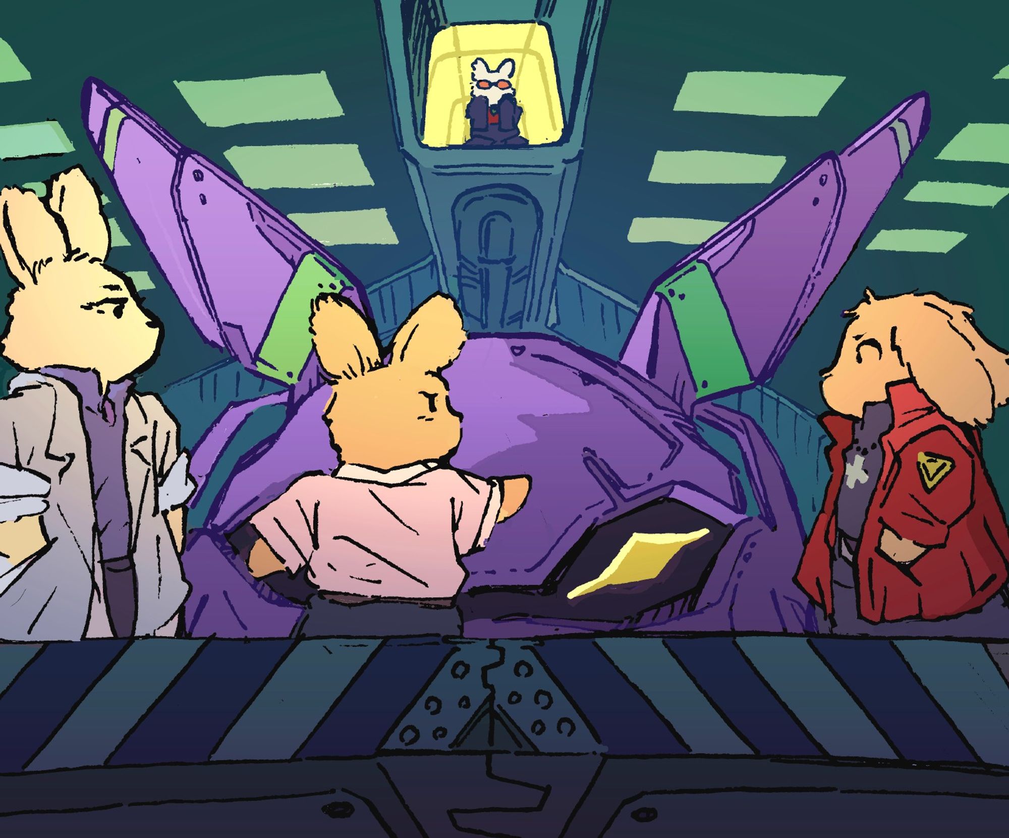 Bunnies reenact the first episode of the anime "Neon Genesis Evangelion". A small boy bunny is asked by his distant father to get into a menacing, giant robot. In this version, the robot also has bunny ears. The boy's expression is frustrated. There are also bunnies who are Misato and Ritsuko, the other two characters in the scene