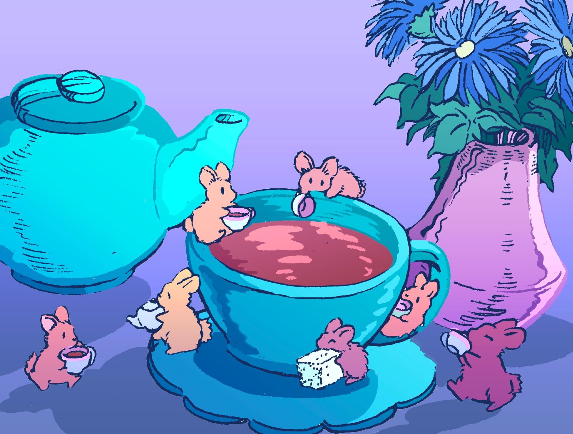 Many tiny bunnies drink tea from tiny teacups. They are getting the tea from a giant teacup, next to an equally large teakettle. One of them is sucking on a sugar cube instead.