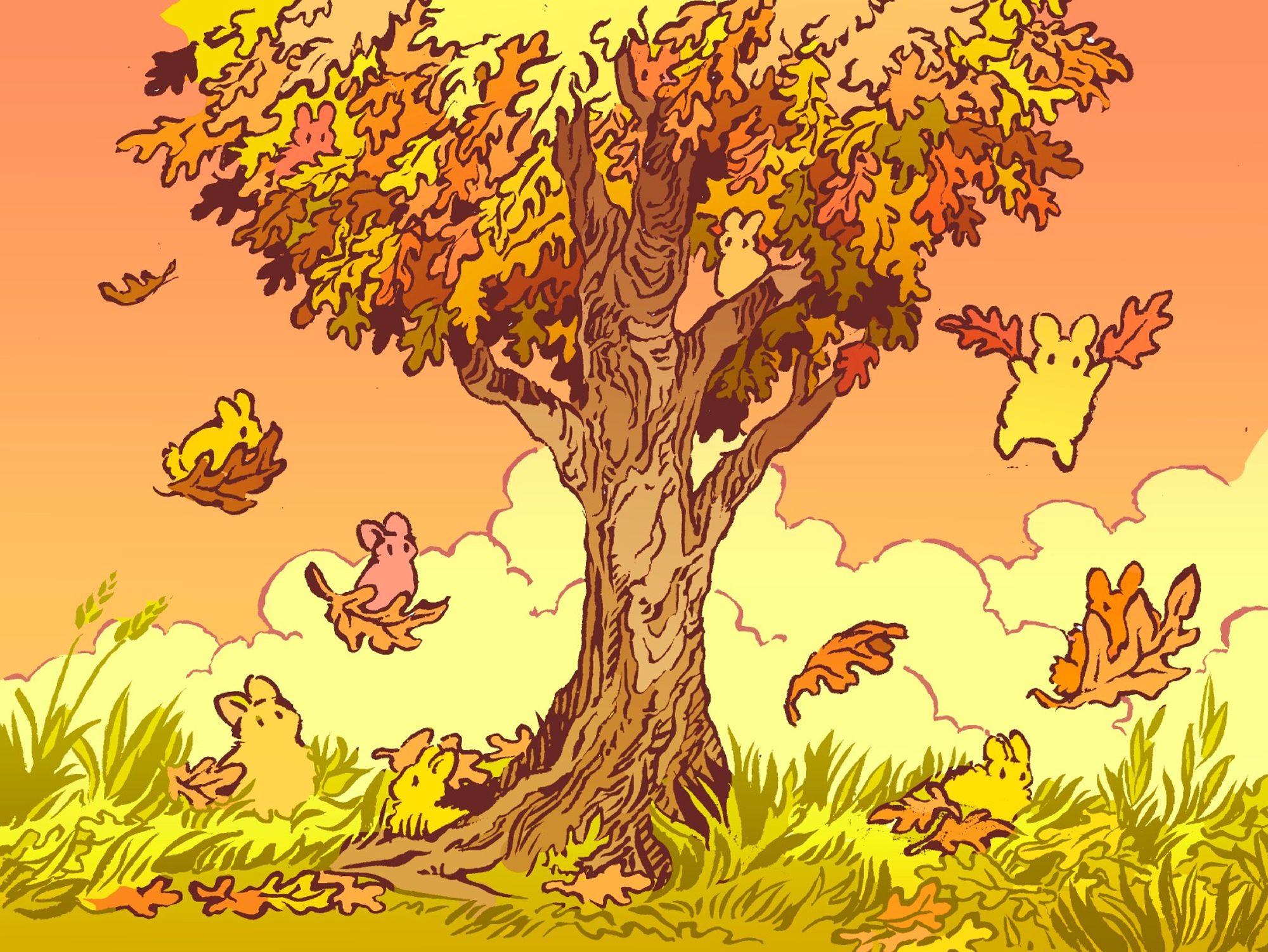 Many bunnies, all floating on orange and red leaves, fall gently from a small oak tree in Autumn. There are several more bunnies hiding in the tree, camouflaged. The sky is also a dusky orange.