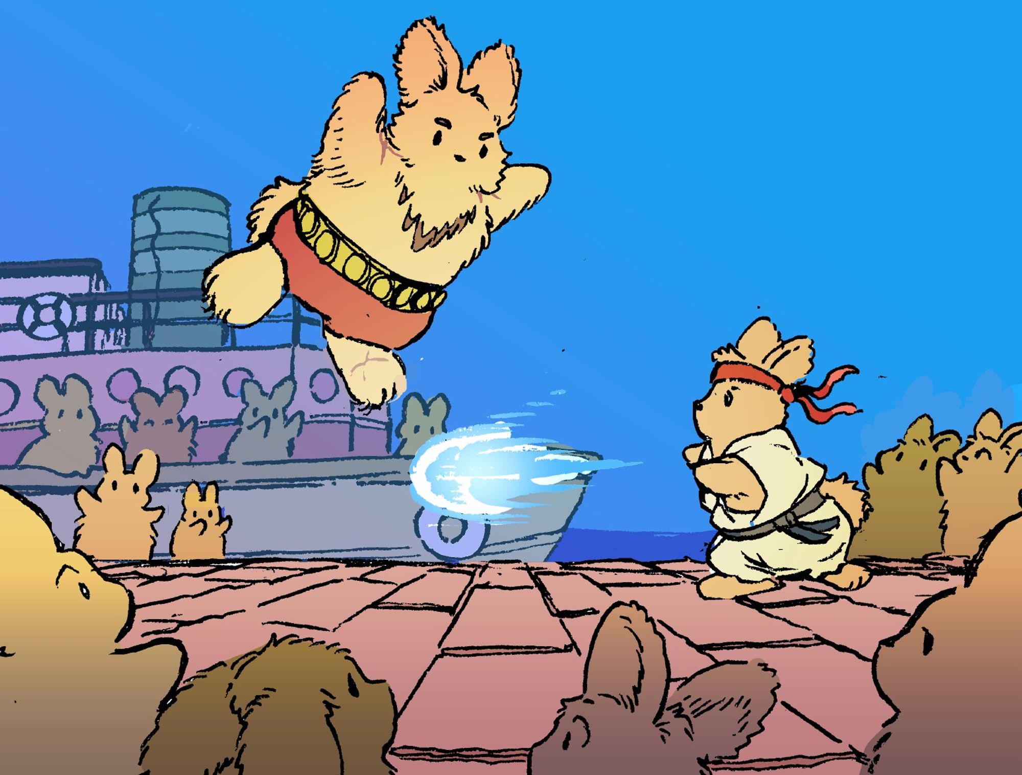 Two bunnies fight each other, both rabbit versions of characters from "Street Fighter", Zangief and Ryu. One bunny launches a blast of energy from his hands, while the bigger, brawnier leaps into the air intending to body slam the other. Many bunnies watch in the background, including some standing on a small yacht. They are by the coast.