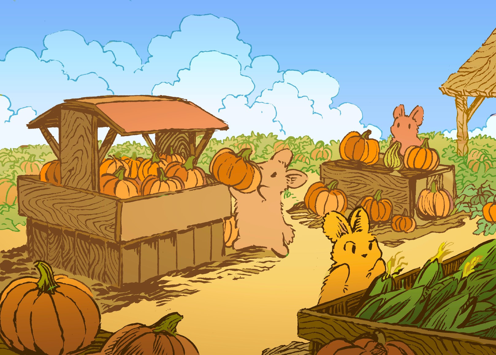 A bunny inspects a pumpkin at a small farmstand near a farm. In the background, a pumpkin patch with unpicked pumpkins is visible. Another bunny inspects corn, and at a neighboring stall a third bunny is selling several heirloom pumpkins and one squash.