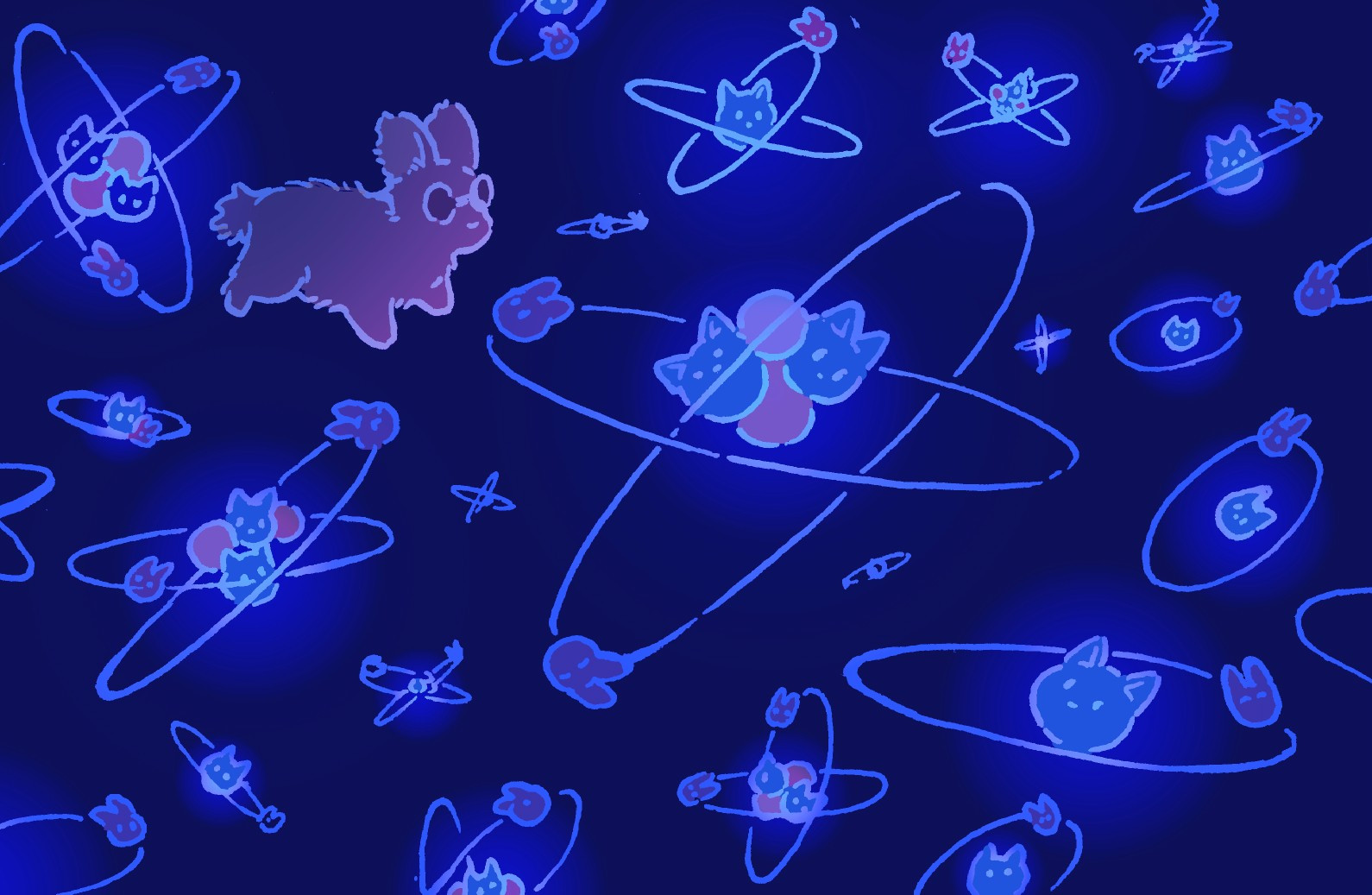 A bunny floats in a dark void with glowing atoms all around it, like you see in science textbooks. The electrons have faces and rabbit ears, and the protons have cat ears. They are a mix of hydrogen and helium atoms