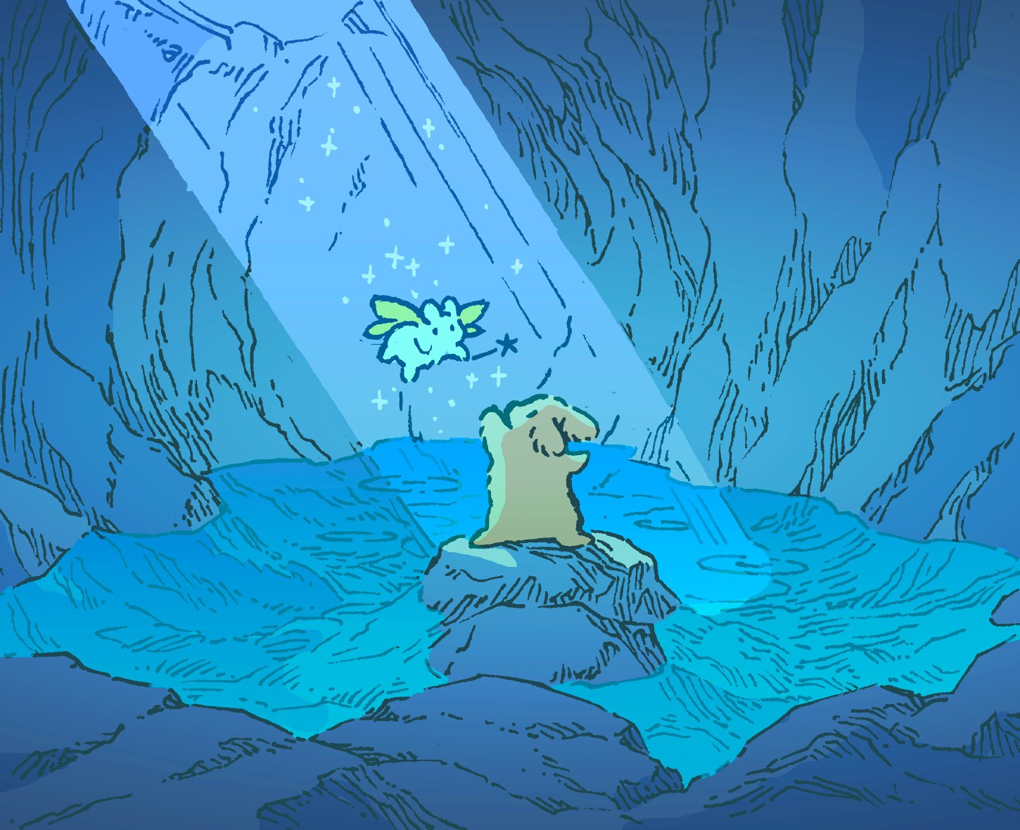 A green rabbit-fairy descends from a sparkling light, waving its wand at another bunny with his arms outstretched. They are in a small underground Grotto, with a pool of slightly illuminated water