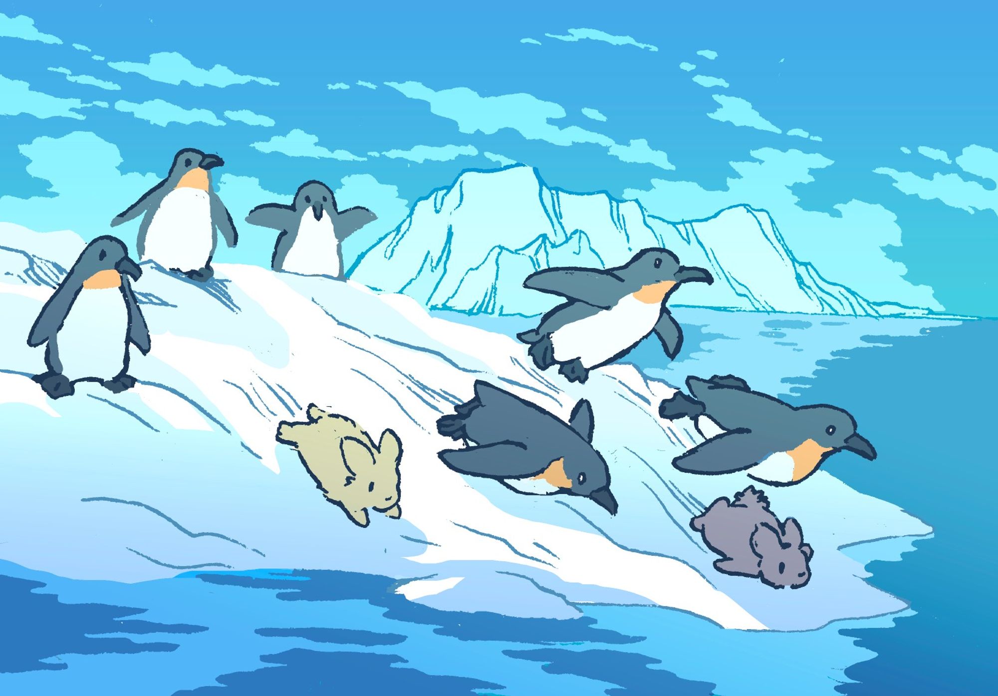 Two bunnies slide into a pristine blue ocean, alongside a bunch of penguins. Both the penguins and the bunnies are sliding on their bellies over the ice. There is an ice flow in the background.