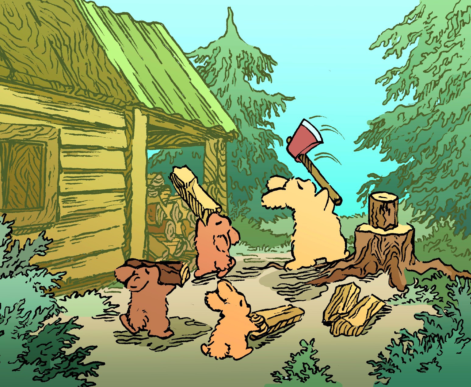 Near a small cabin in a forest, a large bunny with an ax busily splits wood. Three smaller bunnies gather the already-split logs and pile them near the cabin for firewood.