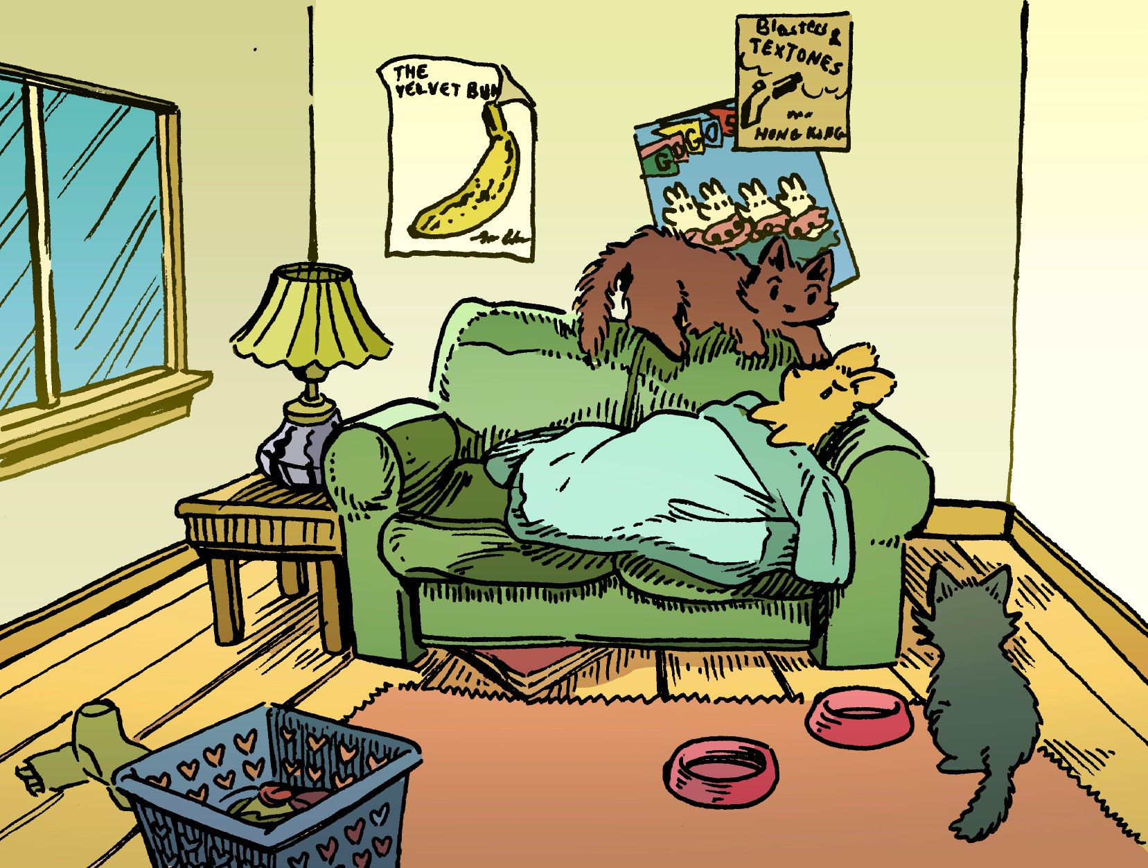 A bunny takes a nap on a soft sofa, with a comforter blanket draped over them. They are in a living room, and it is a bright afternoon. One of their two cats gently but firmly bops them on the forehead with their paw, asking for food.