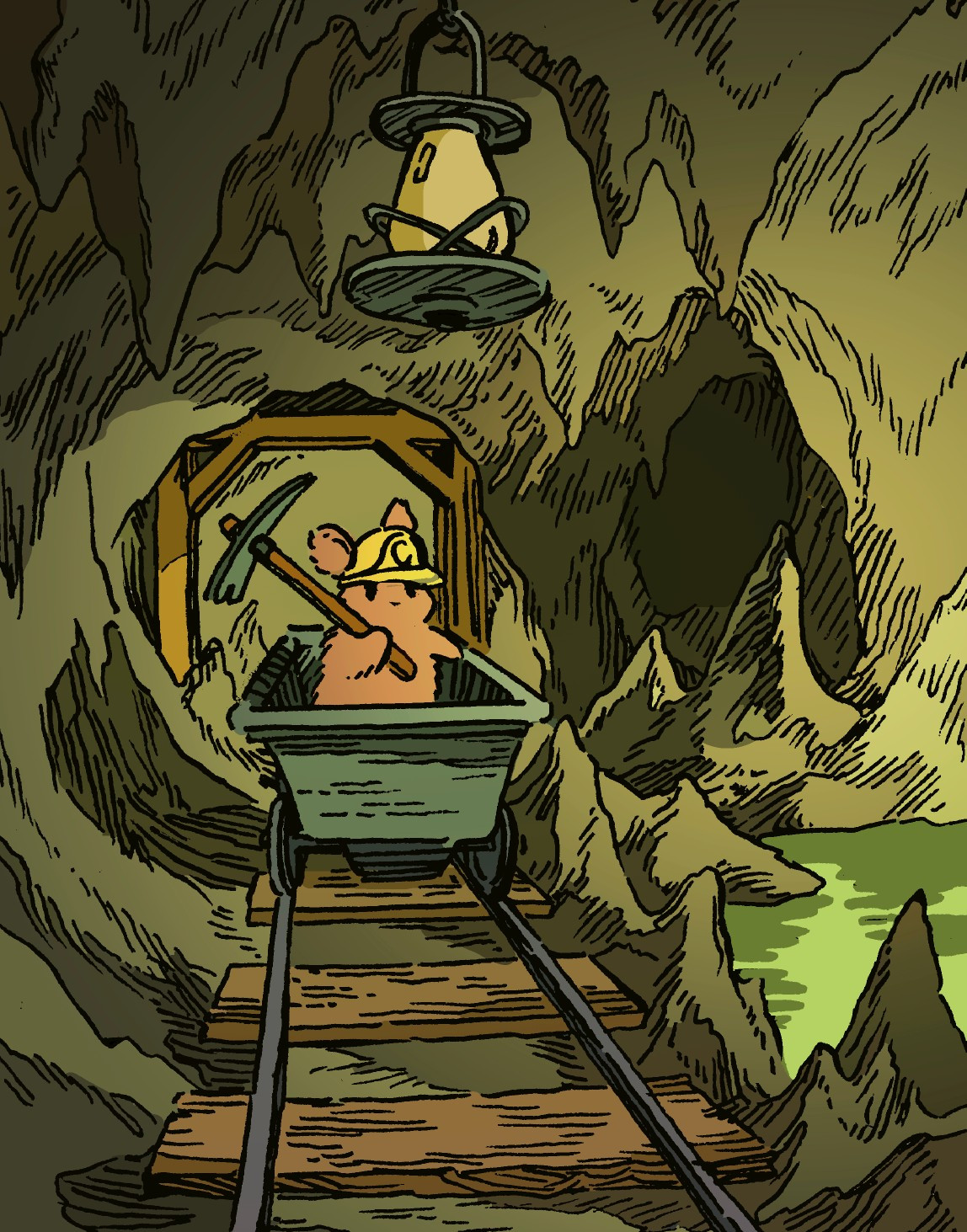 A bunny with a pickaxe sits in a large minecart, going down a track. He is in a dimly luminescent mineshaft, with an old lamp and an underground pool nearby