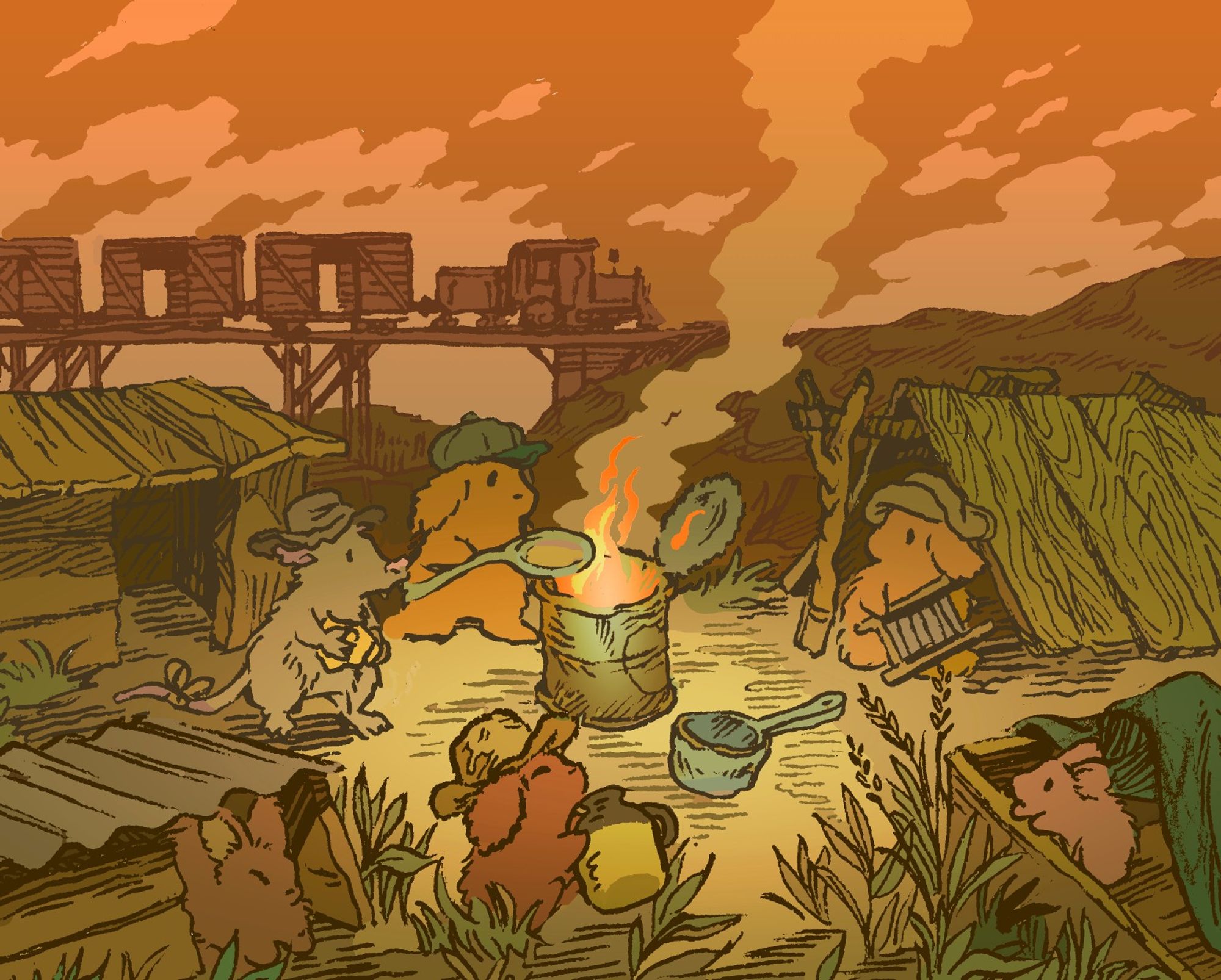 Several bunnies and one rat gather around a small fire inside a tin can. They are in a depression-era hobo jungle, wearing old-fashioned hats and surrounded with makeshift shelters, the tin can resembling an oil drum. One bunny cooks a spoonful of soup over the fire, and a train passes by in the background. It is dusk.