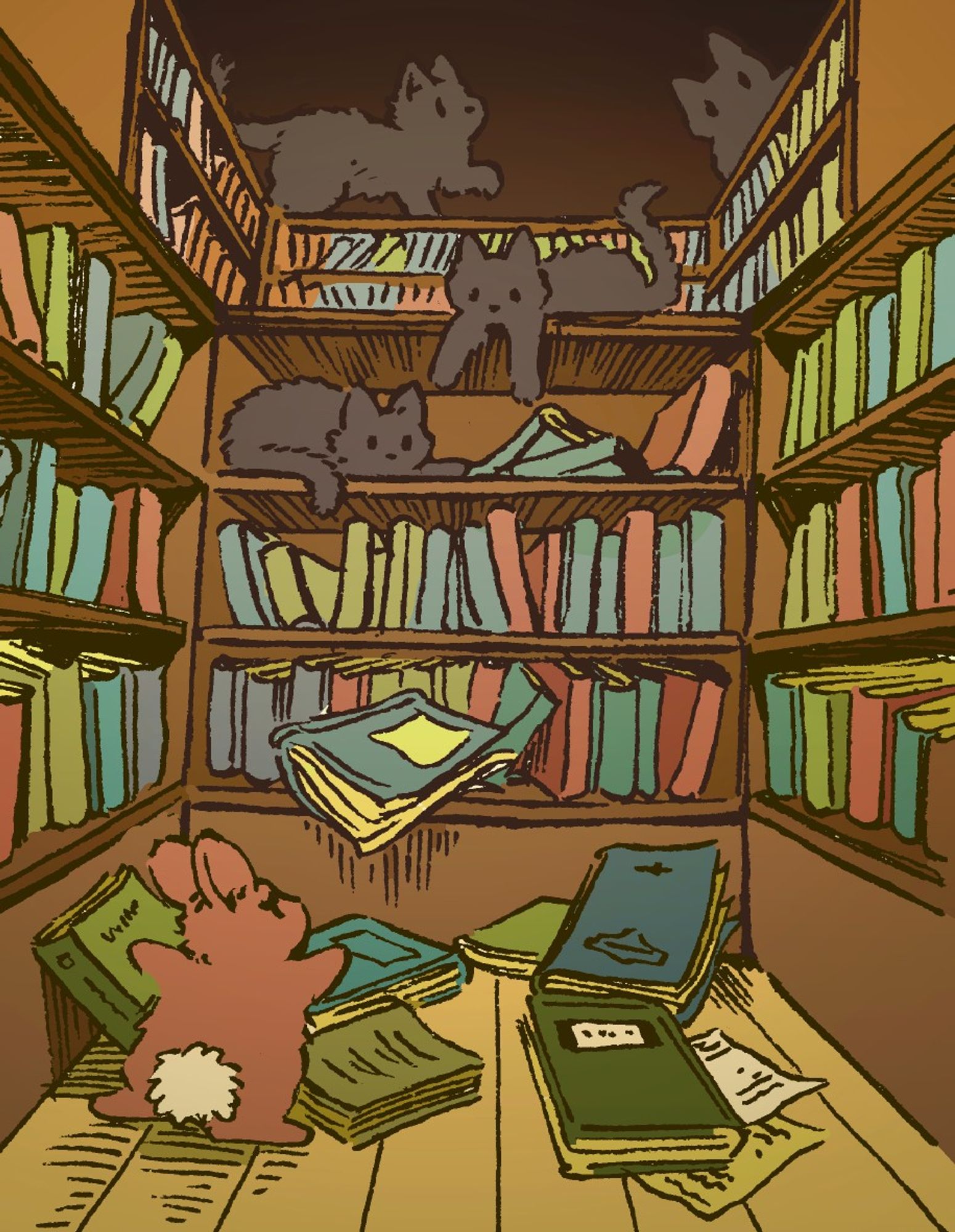 A bunny scolds a set of grey kittens, all of whom are walking on top of tall wooden bookshelves, knocking over the books. They seem to be in some library or reading room