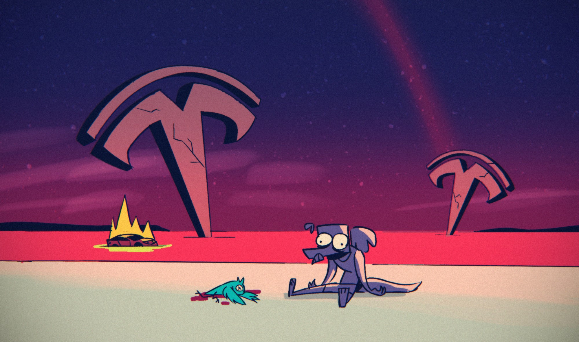 My fursona, Stel, sitting slouched over and traumatized next to the corpse of the twitter bird, in an apocalyptical scene parodying the Neon Genesis Evangelion movie "The End of Evangelion". Two giant tesla logos, as well as a flaming tesla leaking battery acid into the ocean can be seen in the background.