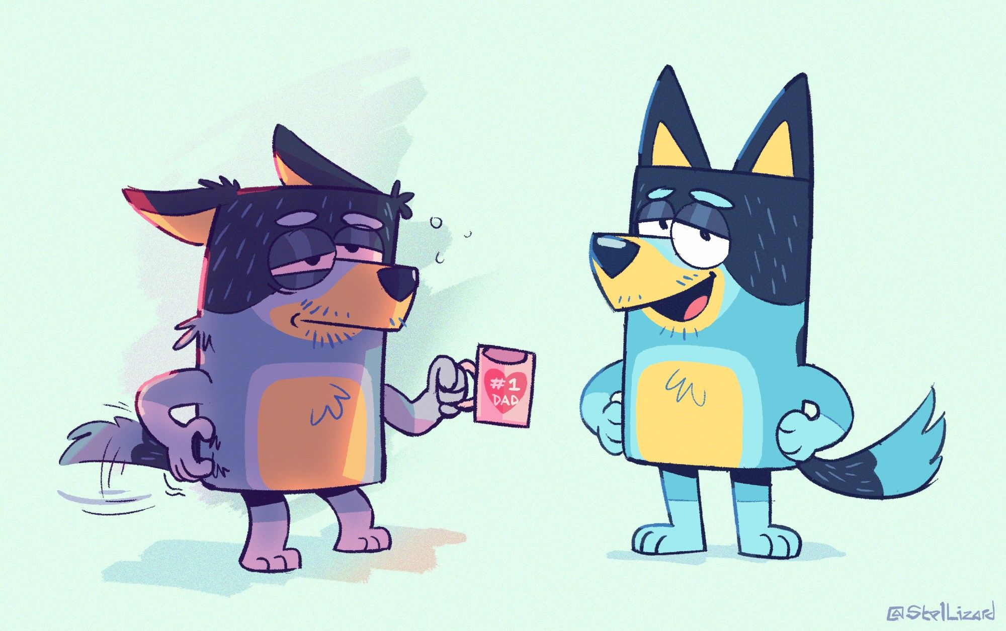 Fan art containing two drawings of Bandit Heeler, the anthropomorphic dog dad from the Australian cartoon "Bluey". The drawing on the left is of him after just waking up in the morning; still visibly sleepy, scratching his side and holding a mug with a red heart symbol and the words "#1 DAD" printed on top in white letters. And the other drawing on the right is of him standing proudly with his hands on his hips and a happy, easy-going facial expression, looking towards the viewer.