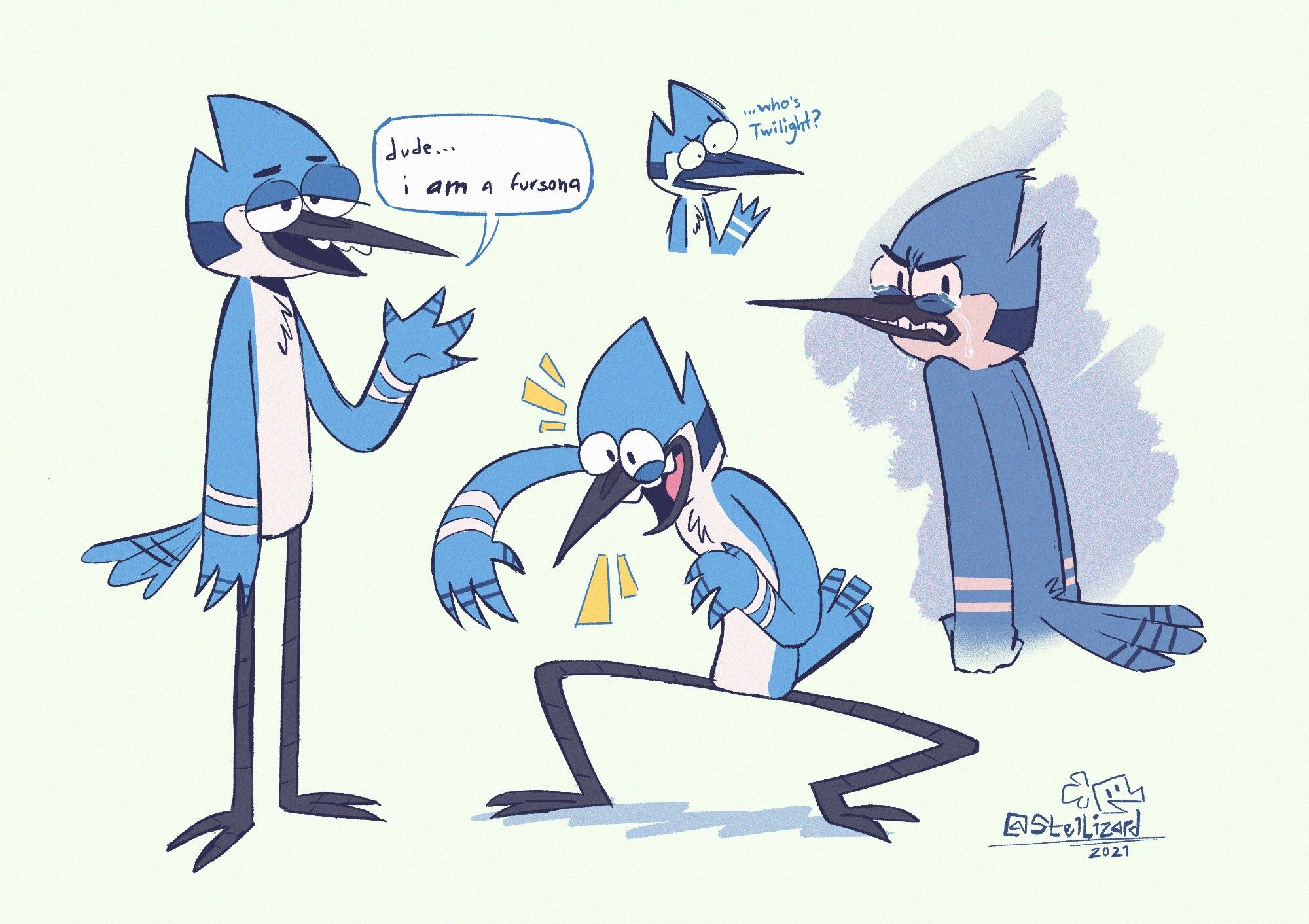 A few drawings of Mordecai from Regular Show. One of him standing and saying "dude... I AM a fursona". One of him squatting down and shouting in his "OOOOH!" pose. A half-body shot of him turning towards the viewer, with and angry expression and tears in his eyes. And lastly, a small half body sketch of him with a confused expression saying "...who's Twilight?" (A reference to the MordeTwi shipping memes).