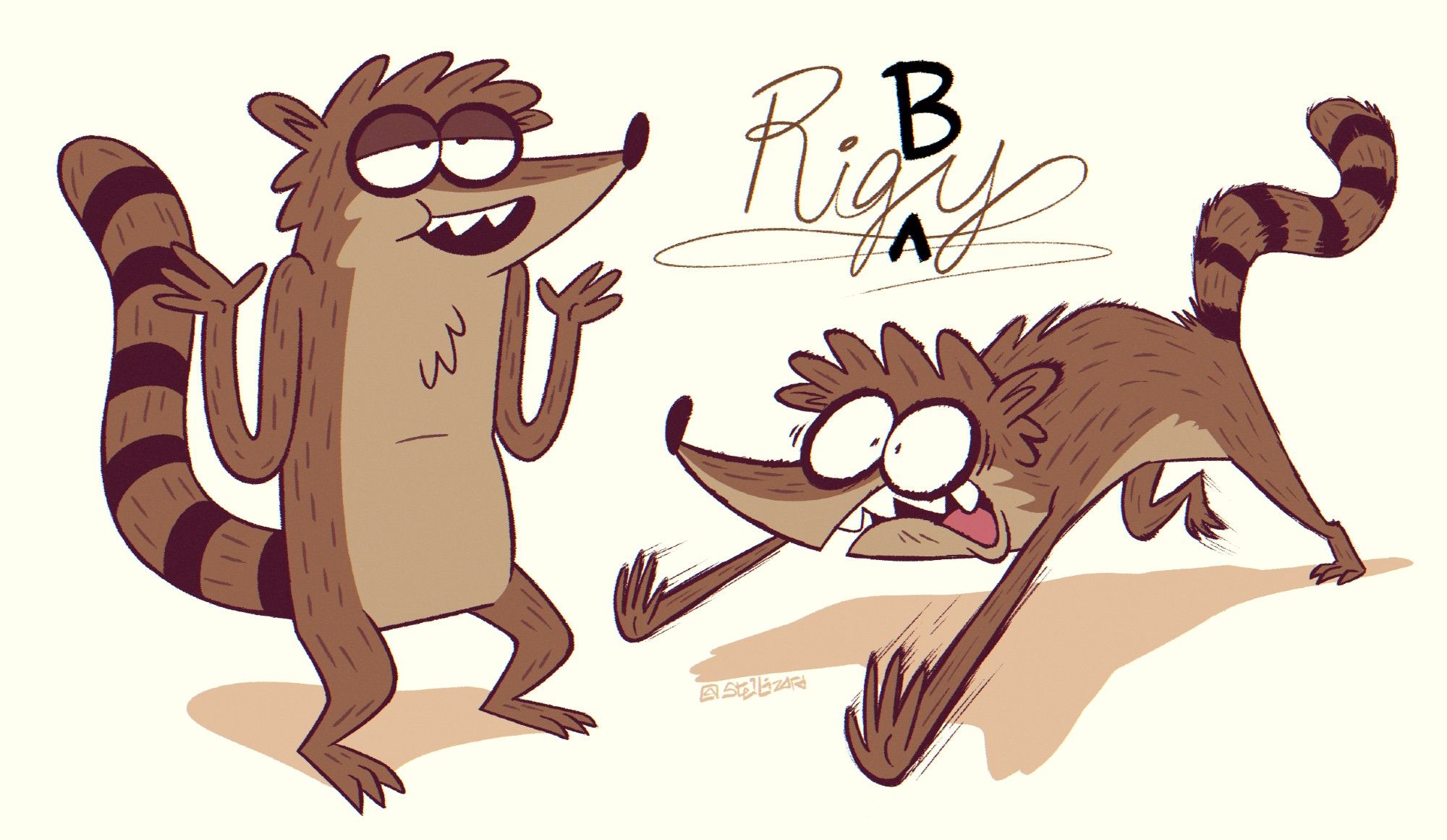 Two drawings of Rigby from Regular Show. One drawing is of him shrugging with a smug expression, and the other is him fearfully scampering on all fours. Above both drawings is his misspelt signature from Regular Show: The Movie, where he forgot the "B" in his name and conspicuously scribbled it on top.