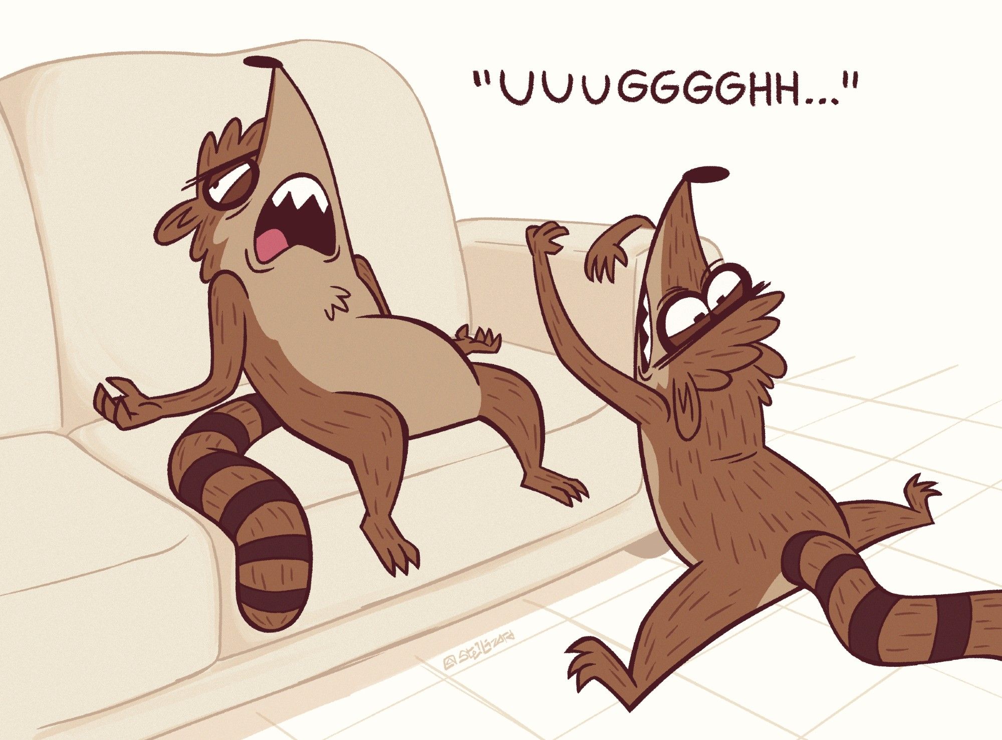 Two more drawings of an exhausted Rigby from Regular Show, One of him sprawled out on the couch and groaning "UUUGGGGHHH...", and the other of him grasping the left arm of the same couch with both hands while the rest of his body slowly slides onto the floor, with his legs spread out in a split-like fashion.