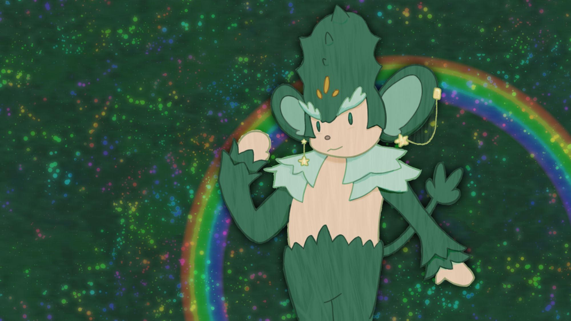 A digital comic-style drawing of the Pokemon Simisage. They have earrings and are posing for the viewer. They are set against a starry green background. Behind them is a rainbow.