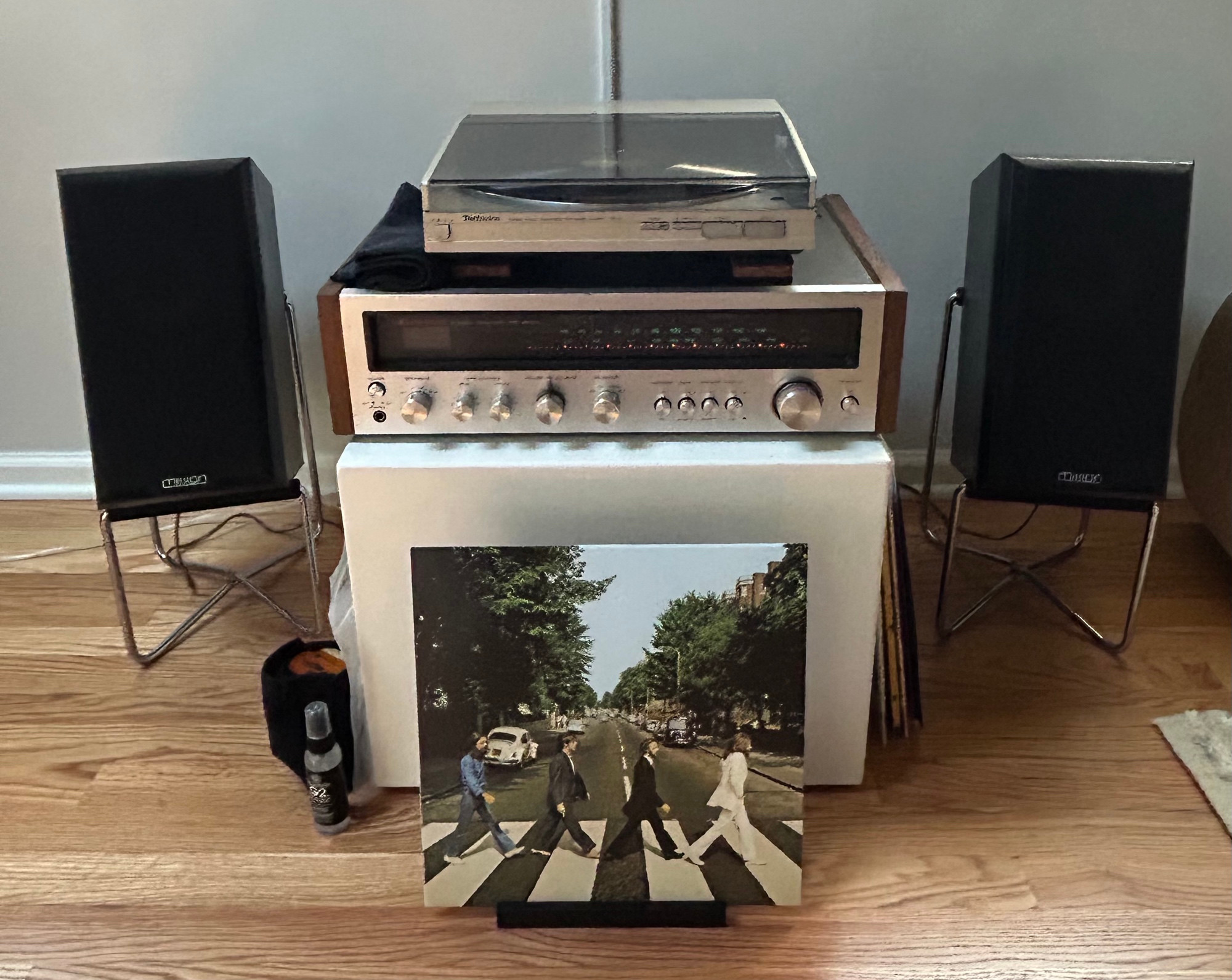 Mission Speakers, Kenwood Receiver, and Technics SL-5 Turntable playing The Beatles - Abbey Road Vinyl