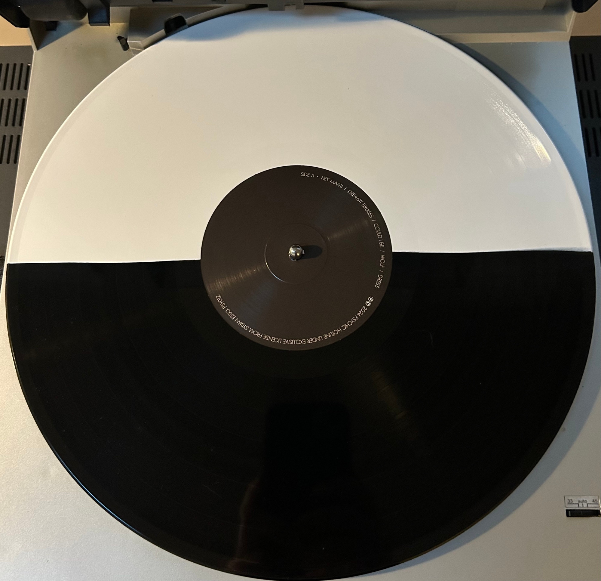 Sylvan Esso 10th Anniversary Reissue 1/2 Black / 1/2 White Vinyl on Turntable