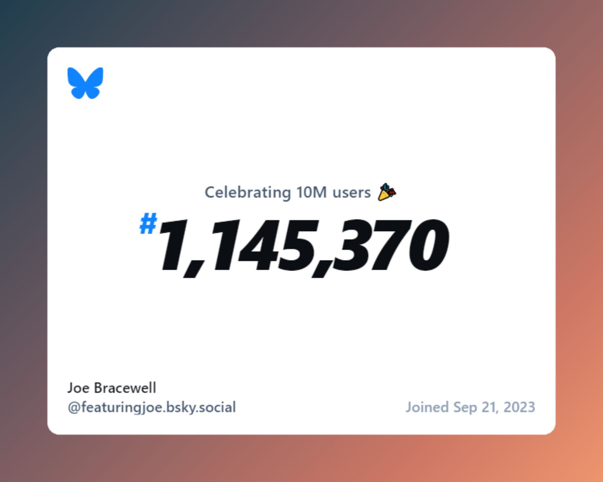 BlueSky card celebrating 10 million users, with user number 1,145,370