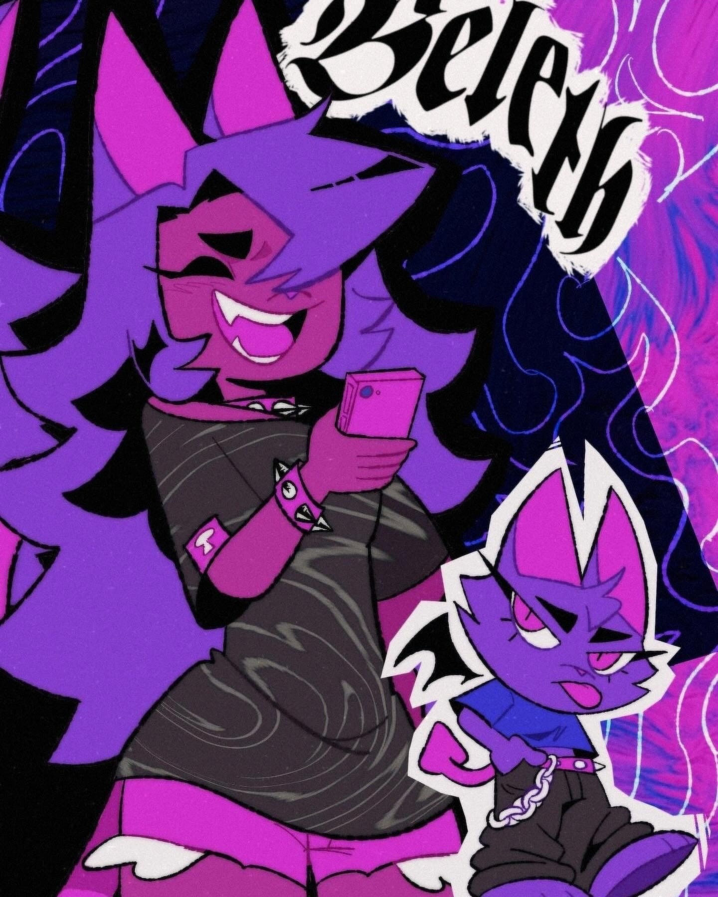 A purple haired demon catgirl with bright pink accents in her ears laughs at her bright pink phone. There’s a smaller version of her as an actual purple furry cat on the bottom right.