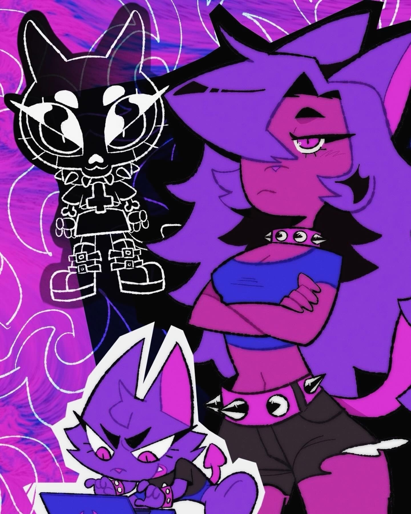 A purple haired demon catgirl with bright pink accents in her ears stands with her arms crossed. There’s a version of her as an actual furry cat on the bottom left. She’s on the computer.