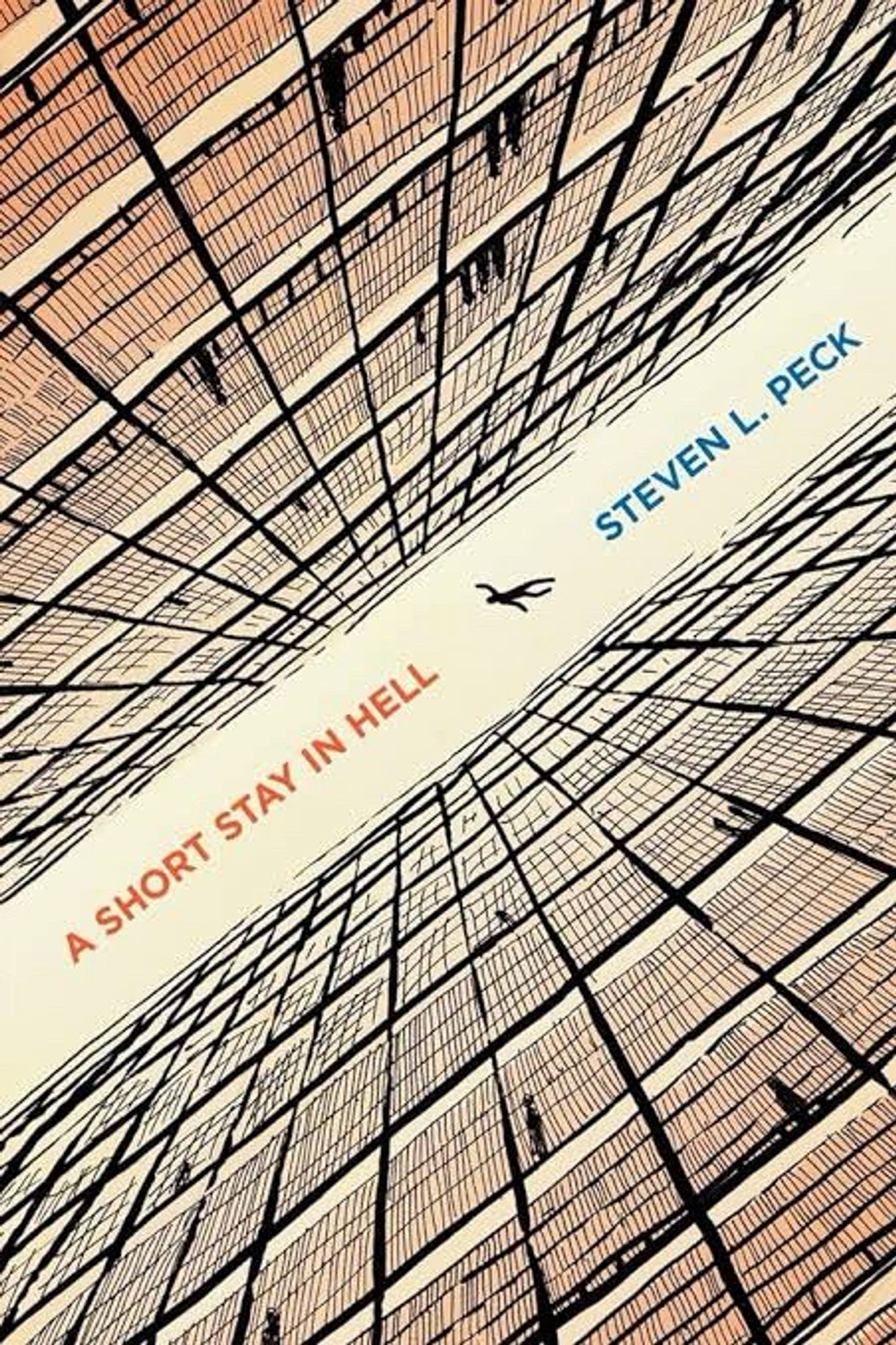 Cover to the novella ‘A Short Stay in Hell’ by Steven L. Peck. The front cover depicts a man falling down a seemingly endless library.