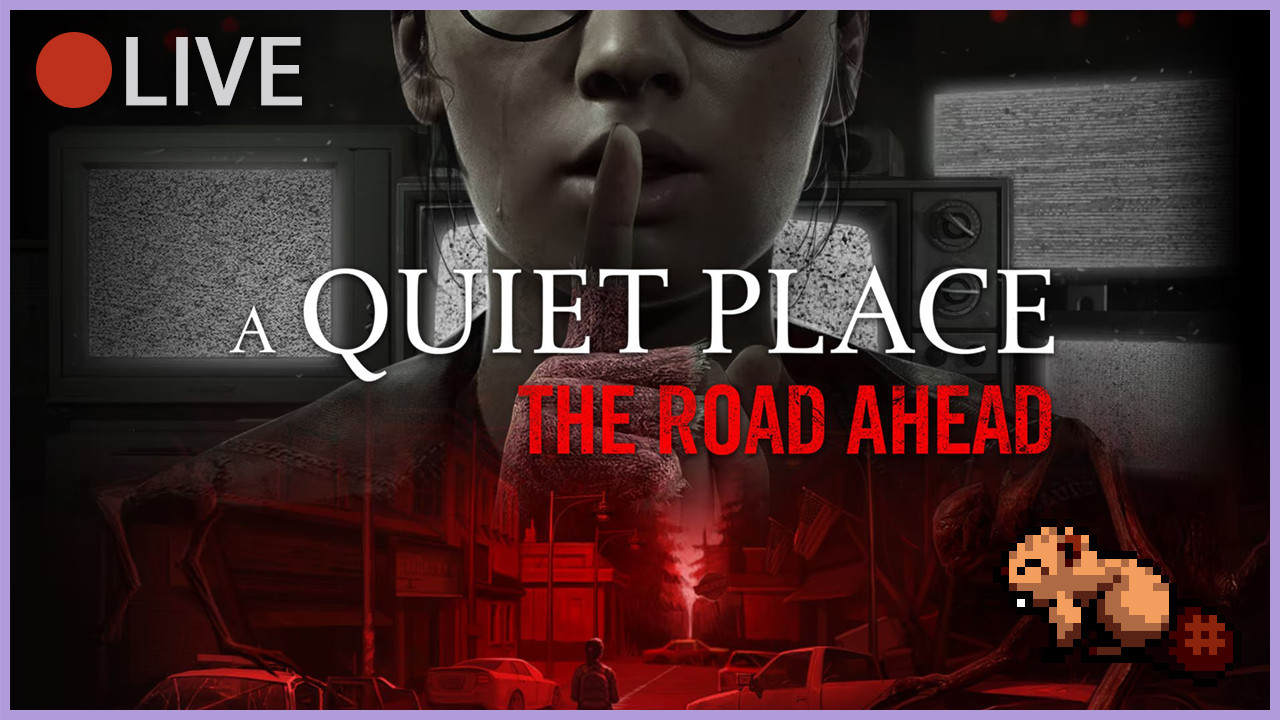 The A Quiet Place game keyart, showing a woman holding a finger in front of her mouth in a hushing motion, and a cityscape reflected in her body below. There's also monitors with static visible in the background.