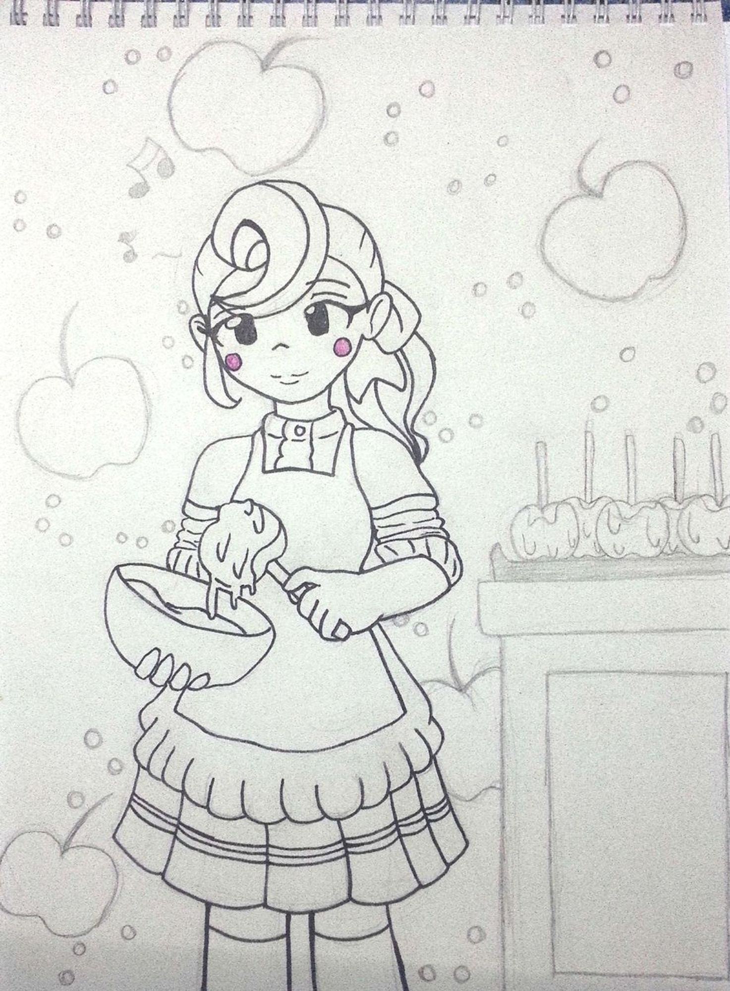 Drawing of Flora from Professor Layton covering apples in caramel. Huh, now that I think about it she is wearing mittens OH NO,BE CAREFUL, CARAMEL HAS TO BE WORKED WITH WHEN IT'S REALLY HOT, FLORA BE CAREFUL AAAAAAAAAAAAAAAAA.