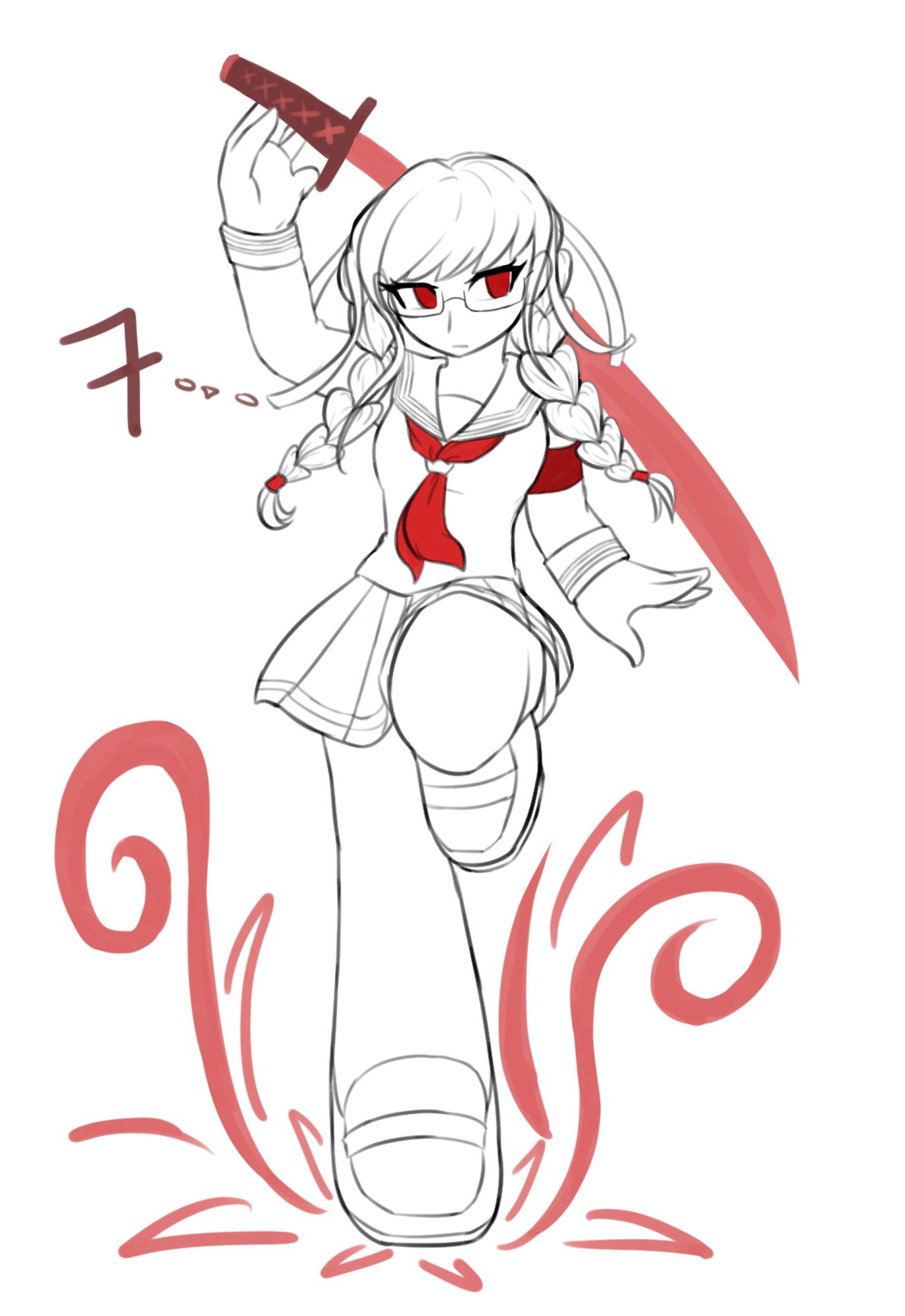 Drawing of Peko Pekoyama from Danganronpa 2, she is posing with a katana behind her back and bending her left leg up.