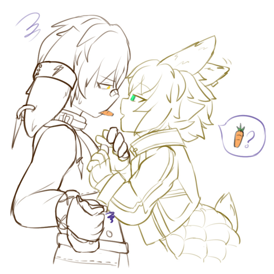 Sketch Leonhardt stealing carrots from Ayerscarpe's mouth. UwU