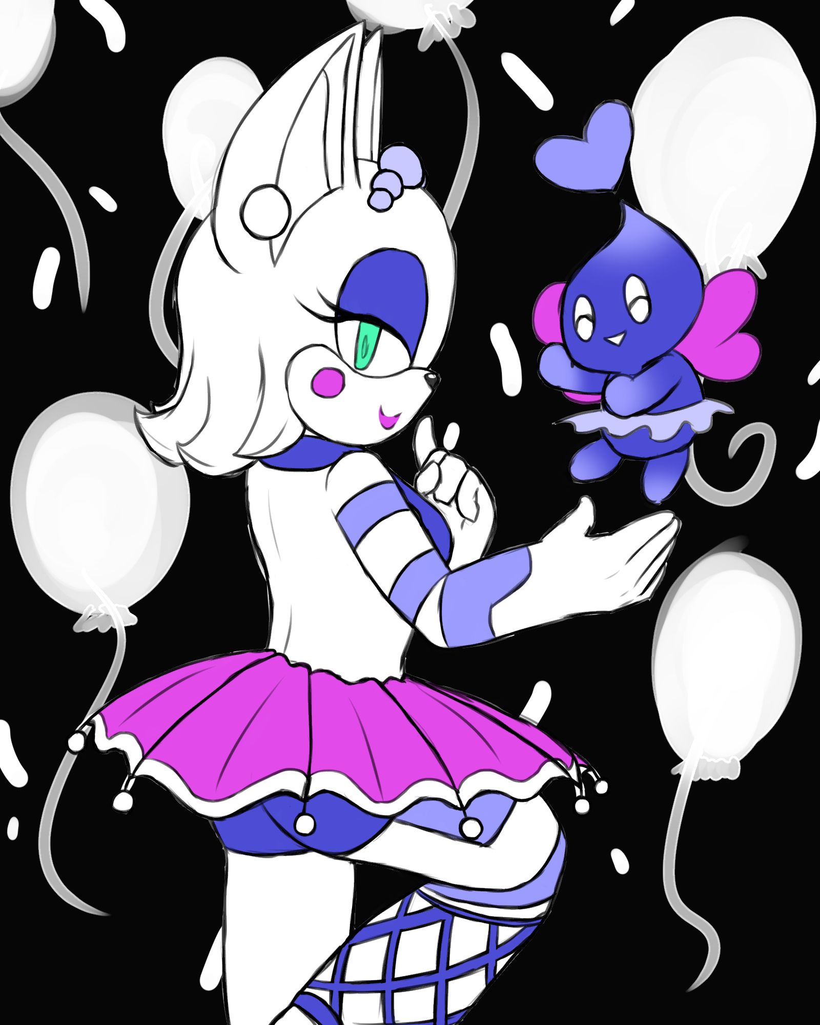 Drawing of Rouge the Bat dressed as Ballora from Five Nights at Freddy's: Sister Location. She is showing her back and looking to the camera, her left hand is doing a -silence- motion while her right hand is under a chao that is floating besides her. The chao is purple with pink wings and has a tutu.