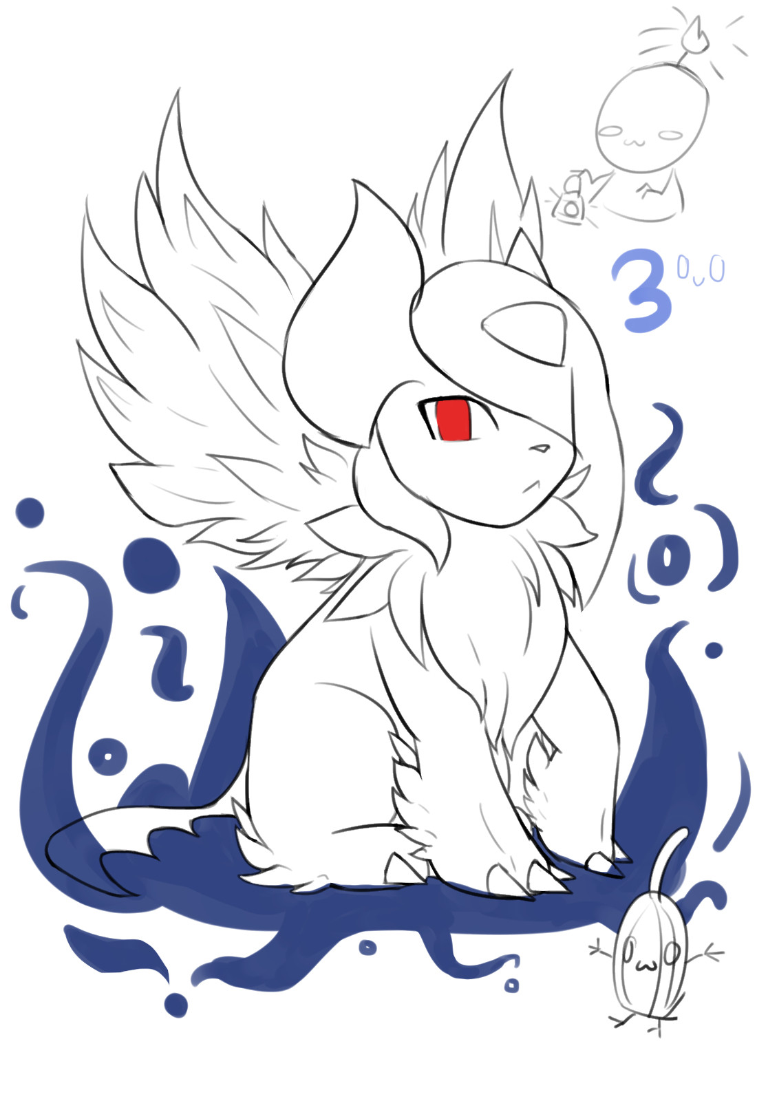 Drawing of Mega Absol with dark blue aura around them. There are 2 doodles of, I think, a Legend of Zelda Poe and a small pumpki with a :3 face.