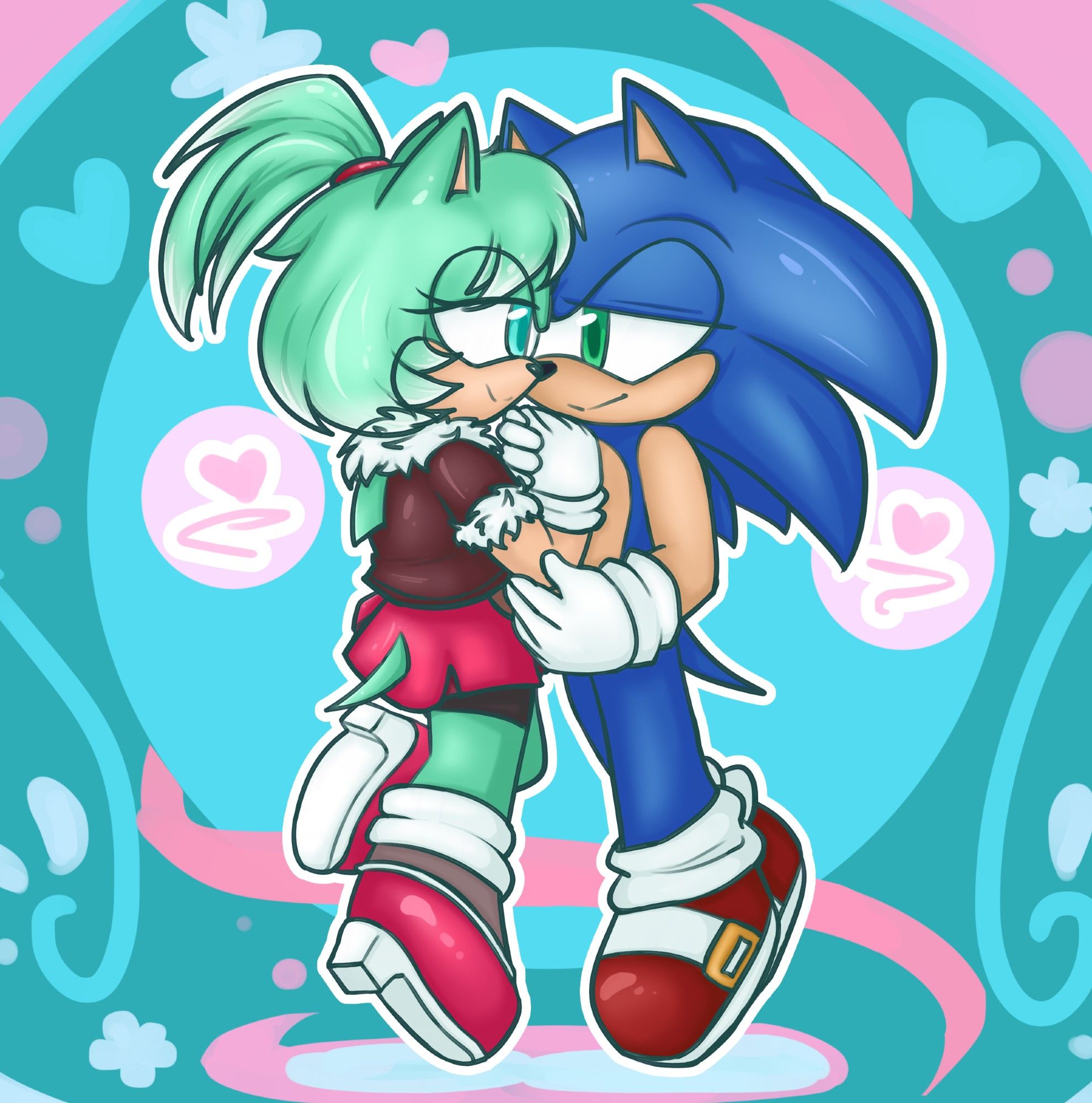 Art Trade with Stardust-Kiiro on DA! Their character with Sonic looking at each other lovingly~