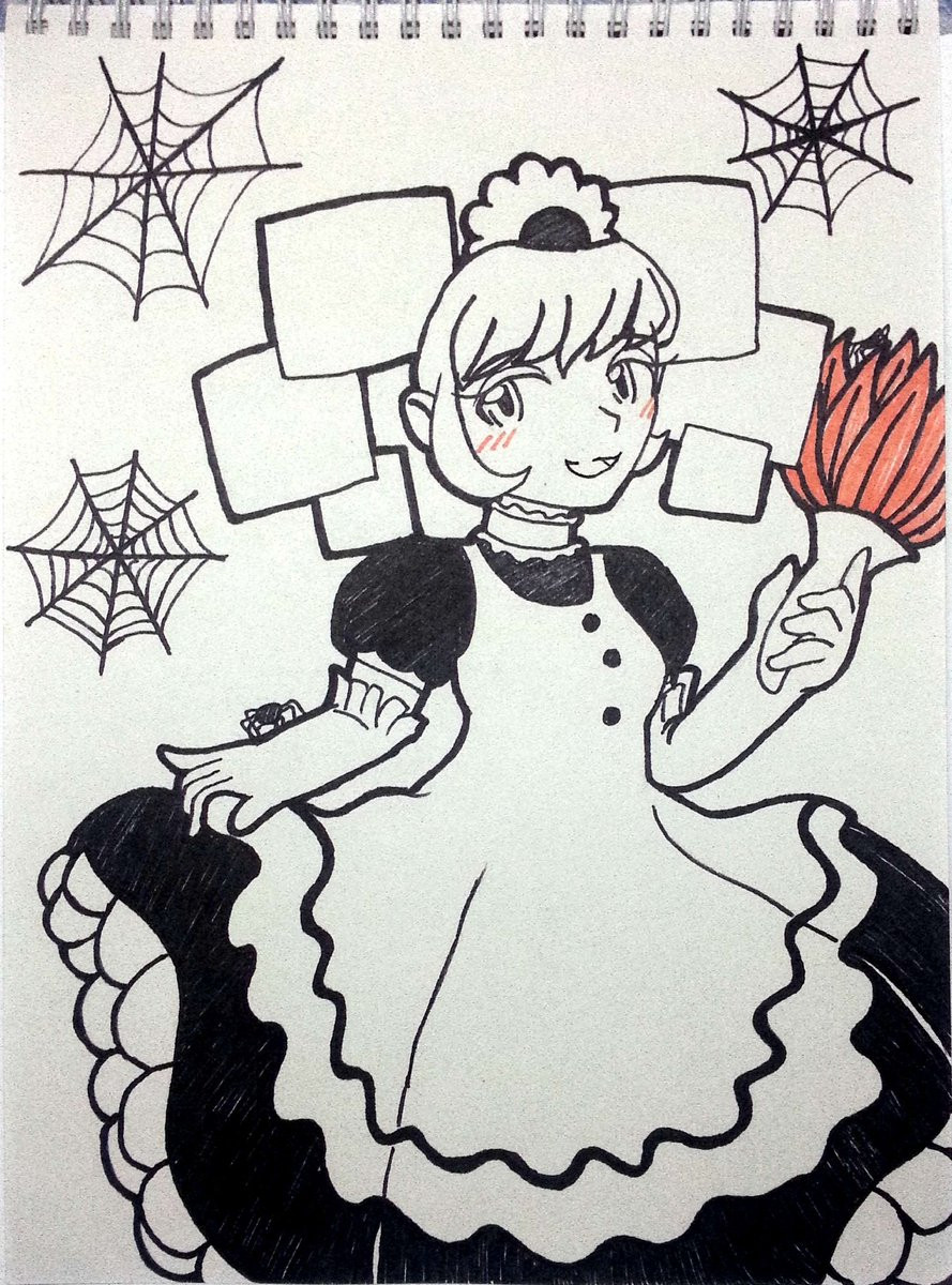 Mimi from Super Paper Mario. She is wearing a maid outfit while holding a feathered duster on her left hand, there are spiderwebs around her.