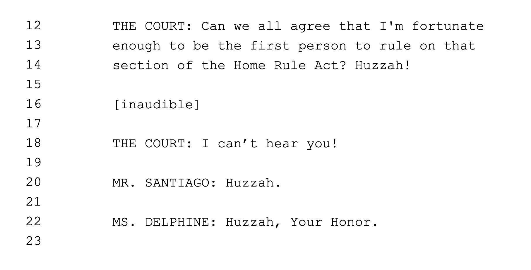 Fake court transcript:

THE COURT: Can we all agree that I'm fortunate enough to be the first person to rule on that section of the Home Rule Act? Huzzah!

[inaudible]

THE COURT: I can’t hear you!

MR. SANTIAGO: Huzzah.

MS. DELPHINE: Huzzah, Your Honor.
