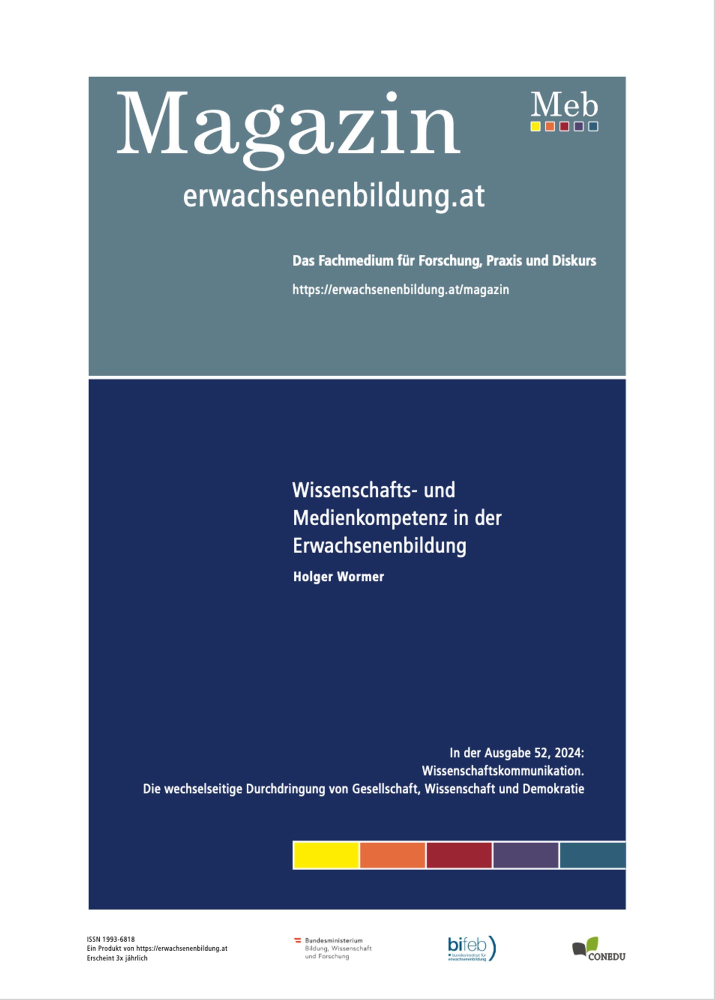 Das Bild zeigt das Cover des Magazin für Erwachsenenbildung mit dem Titel des Artikels von Holger Wormer: "Wissenschafts- und Medienkompetenz in der Erwachsenenbildung"