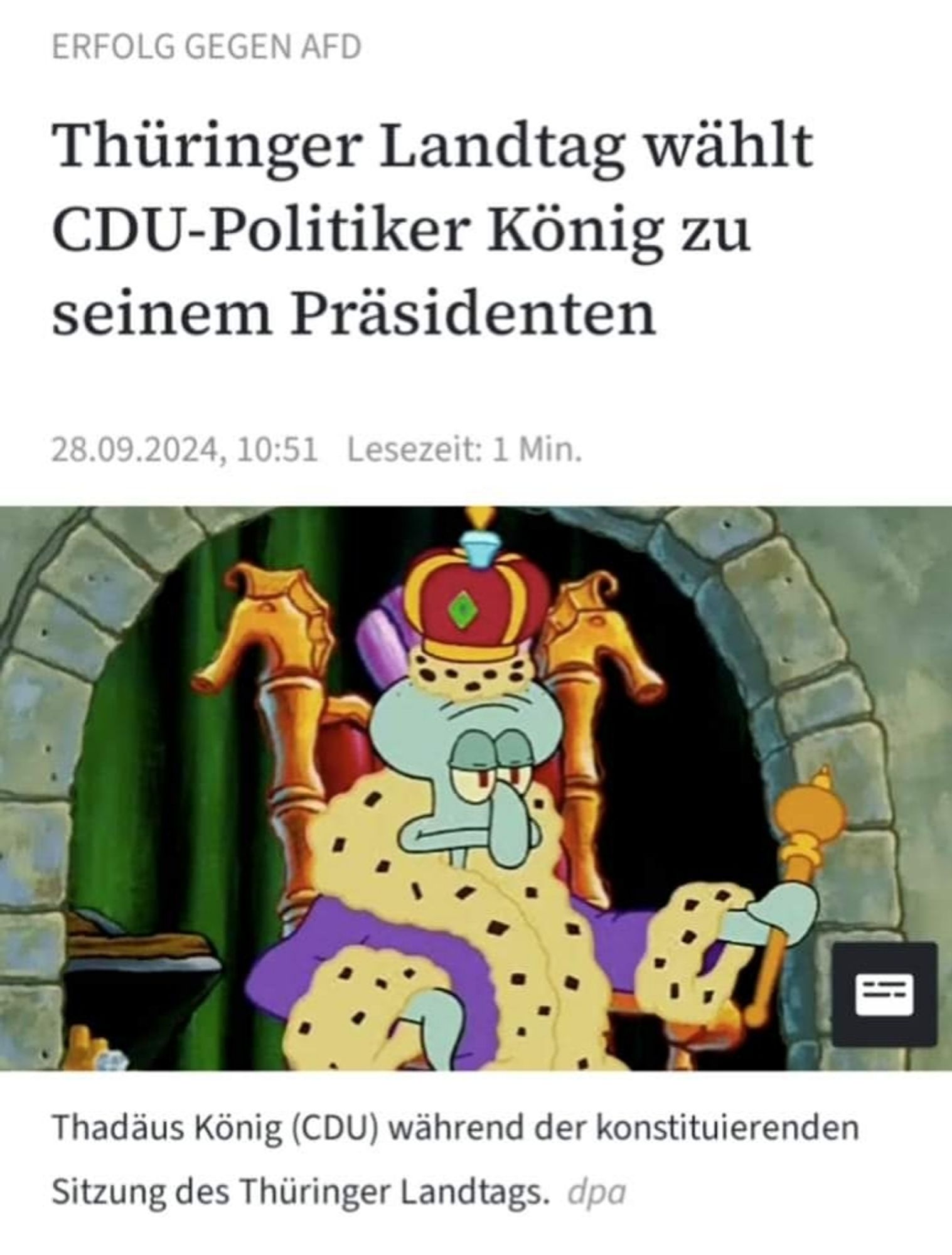 Bild von Thaddäus Tentakel als Königs zu einem Zeitungsausschnitt mit dem Text: Thüringer Landtag wählt CDU-Politiker König zu seinem Präsidenten

28.09.2024, 10:51 Lesezeit: 1 Min.

Thadäus König (CDU) während der konstituierenden Sitzung des Thüringer Landtags. dpa