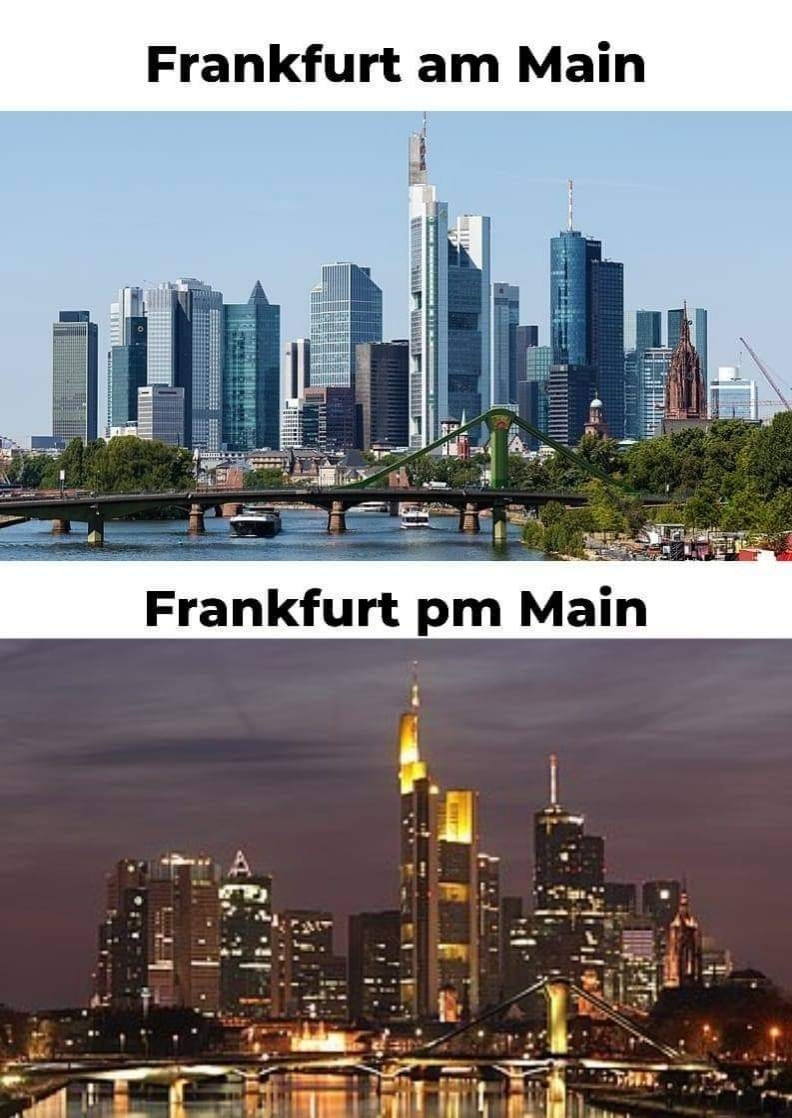 Bild 1: Die Skyline von Frankfurt. Text: Frankfurt am Main
Bild 2: Die Skyline von Frankfurt bei Nacht. Text: Frankfurt pm Main