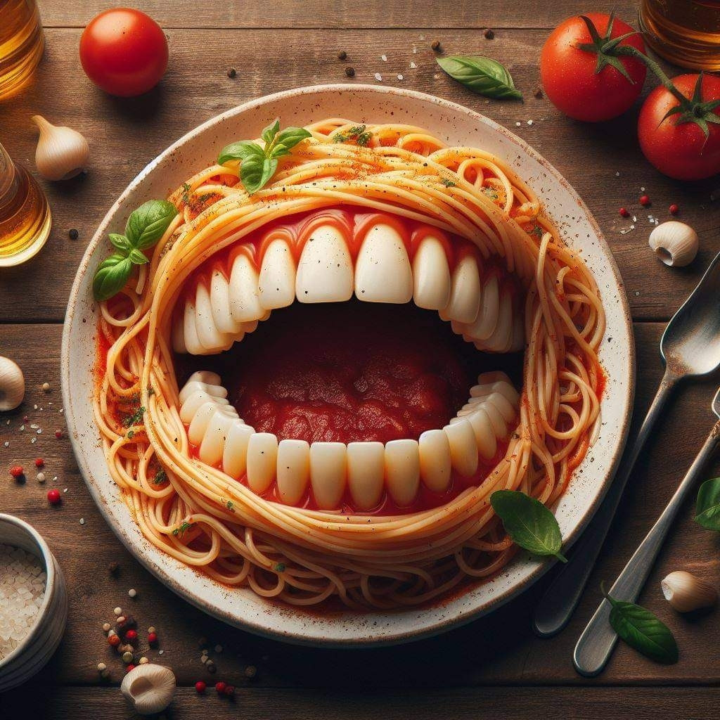 KI generiertes Bild von einem Teller Spaghetti mit Zähnen