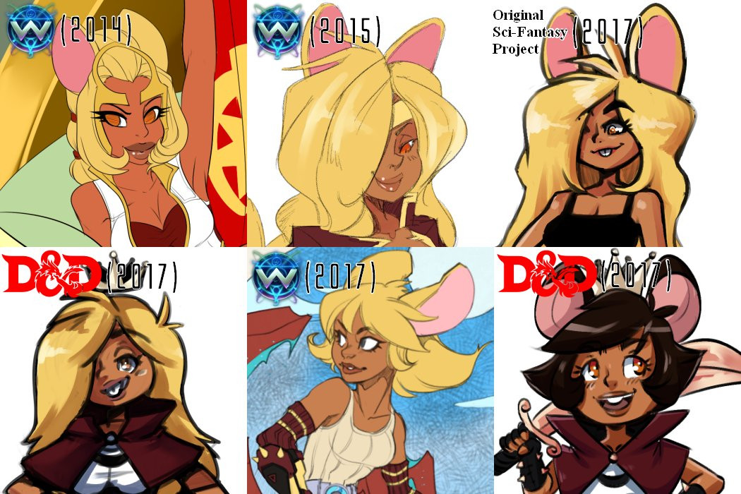 Headshots of some design changes and iterations over time. Featuring art by an old friend who just went by Micki or Bamme, RadLionheart, and Fusspot.