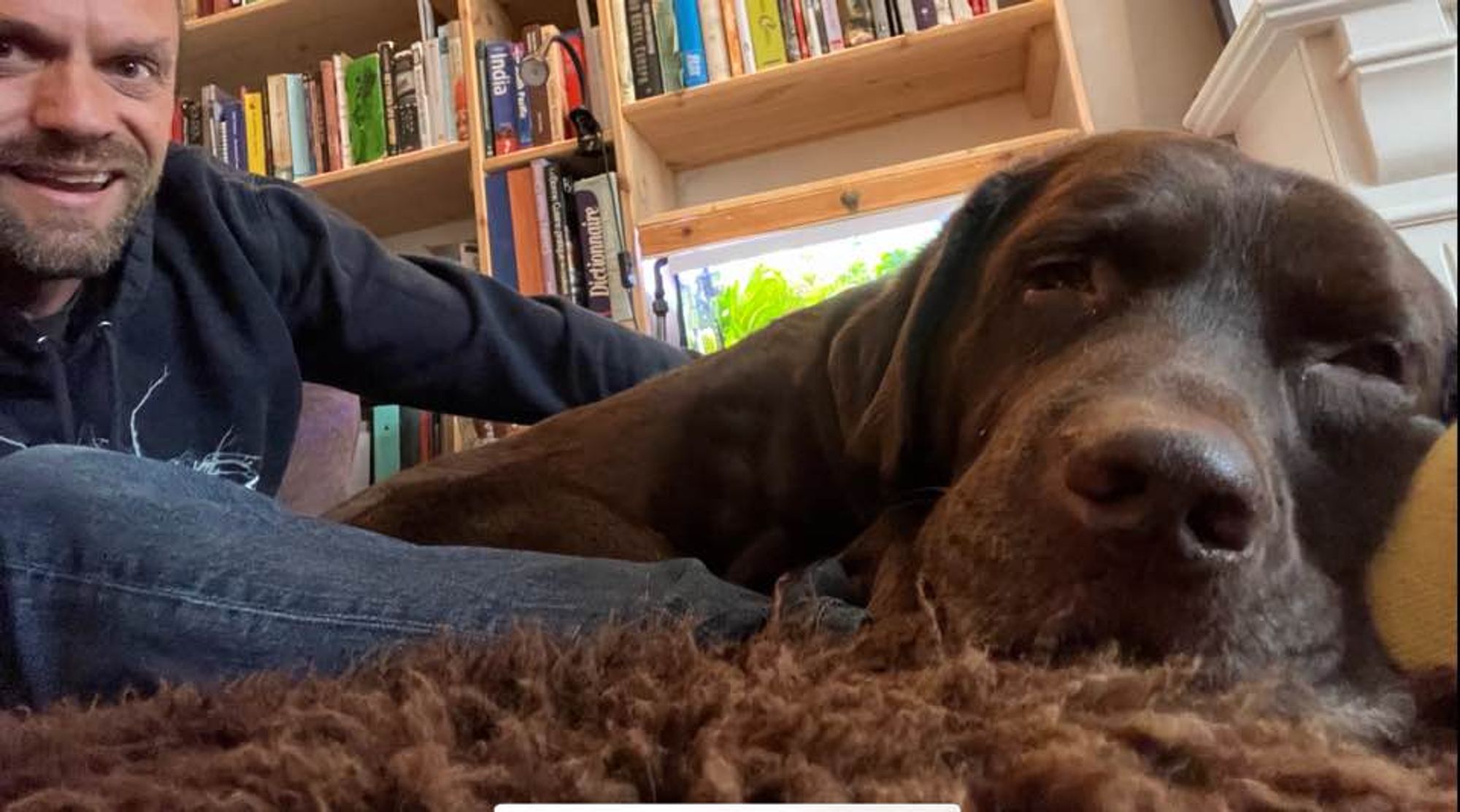 Dog lying on the leg of his hooman, both on a sheep fur, with a book shelf and an aquarium in the back.