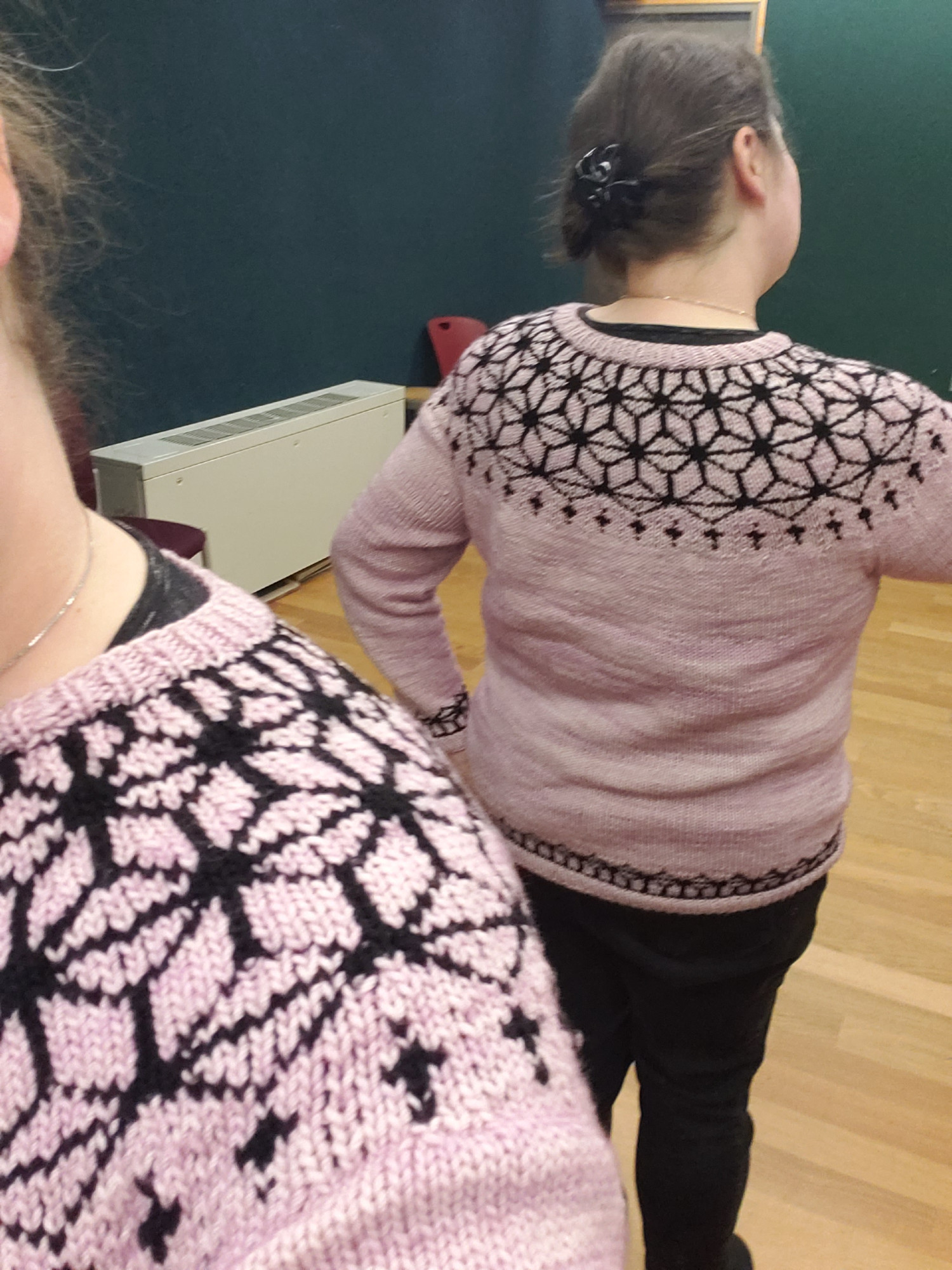 a woman standing in a room with green walls, wearing a handknit pink sweater with a black pattern, taking a mirror selfie of the back of her sweater 