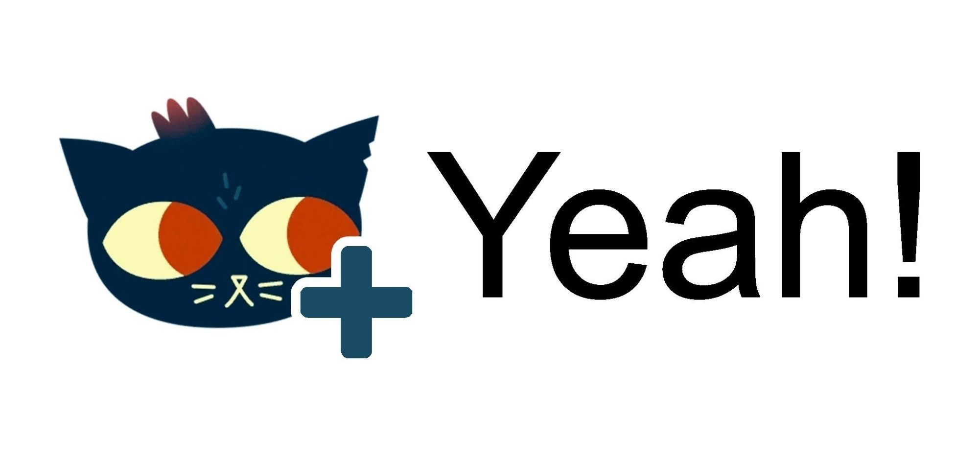 Mae Borowski's head from Night In The Woods looking to the right at the word: "Yeah!", whilst a plus overlaps the lower right corner of Mae's head.

Also, the background is white and there's a white border to the plus.

And there's an exclamation point after: "Yeah!".