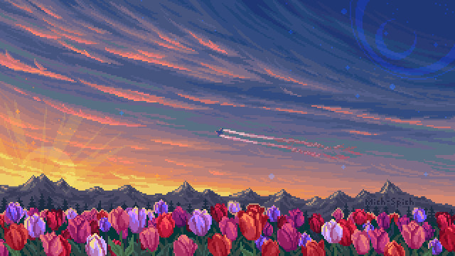 Pixel art of a tulip field during a sunset. A plane flies overhead with whispy clouds