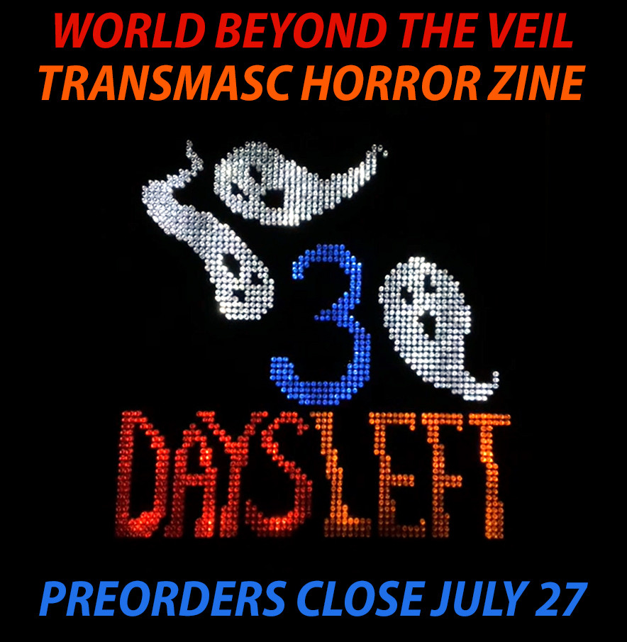 Photo of a lite brite displaying 3 ghosts and the text "3 days left". Digital text added around the image reads: "World Beyond the Veil transmasc horror zine, preorders close July 27"