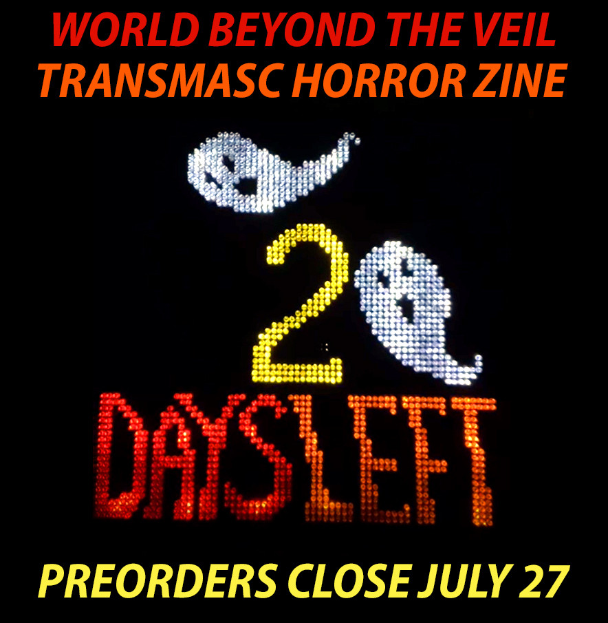 Photo of a lite brite displaying 2 ghosts and the text "2 days left". Digital text added around the image reads: "World Beyond the Veil transmasc horror zine, preorders close July 27"